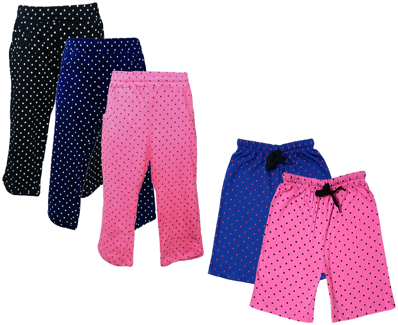 

IndiWeaves Girls Cotton Polka Dots 3 4th Capri and Shorts (Pack of 5) Multi