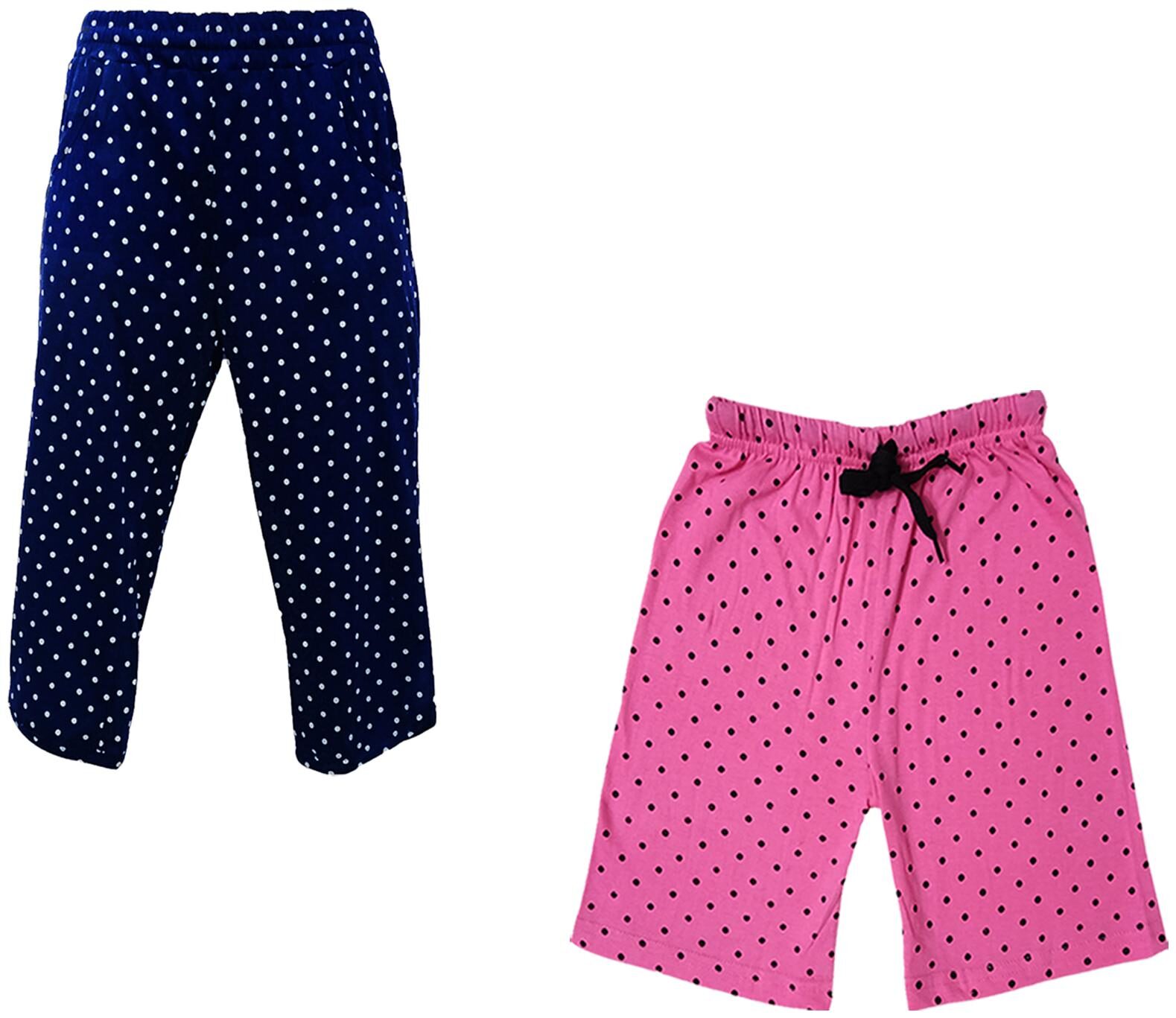 

IndiWeaves Girls Cotton Polka Dots 3 4th Capri and Shorts (Pack of 2) Pink Blue