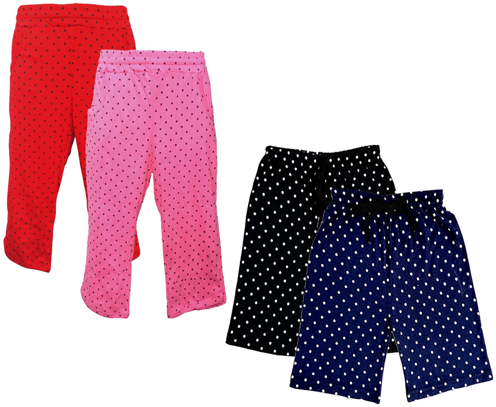 

IndiWeaves Girls Cotton Polka Dots 3 4th Capri and Shorts (Pack of 4) Multi