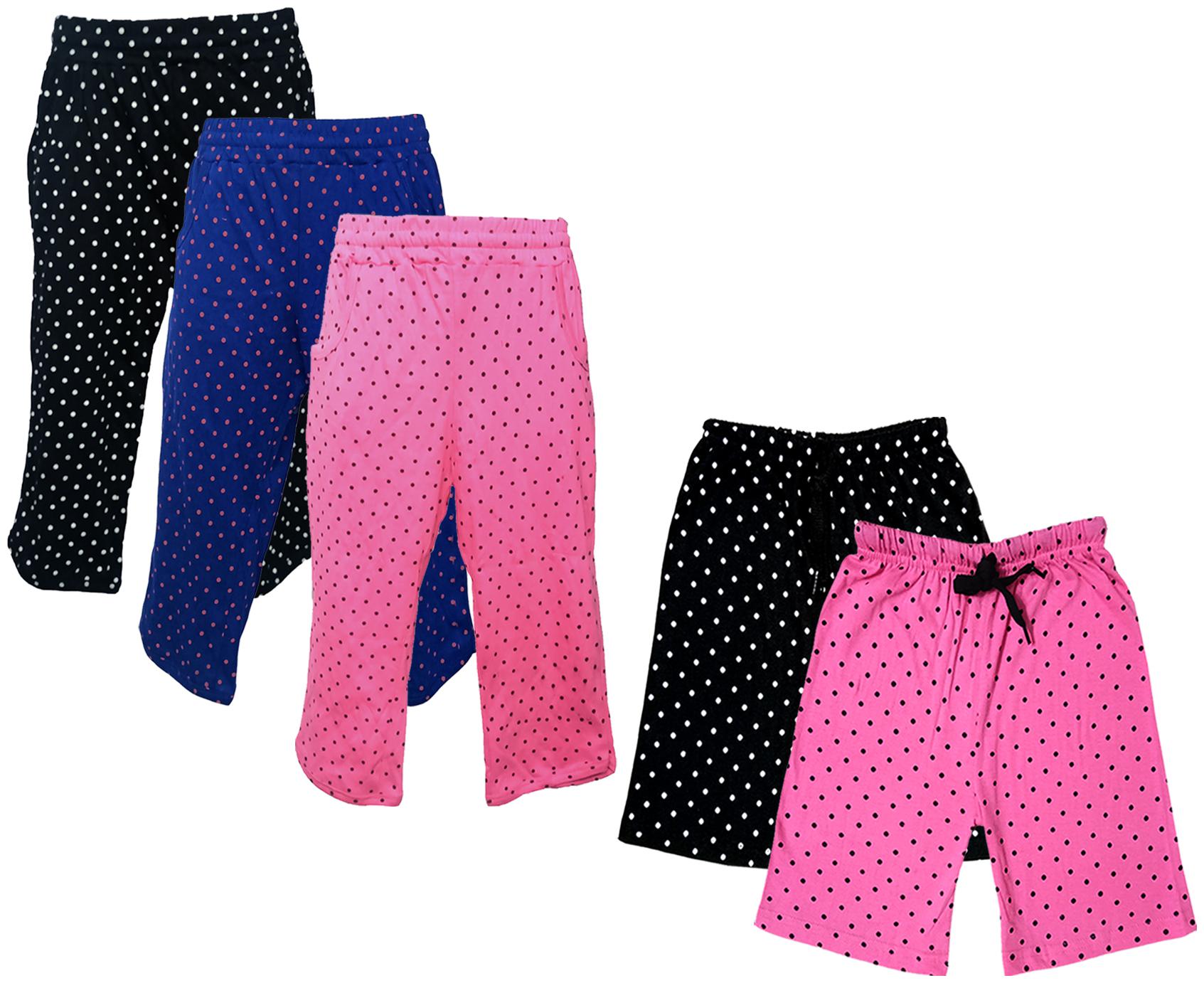 

IndiWeaves Girls Cotton Polka Dots 3 4th Capri and Shorts (Pack of 5) Multi