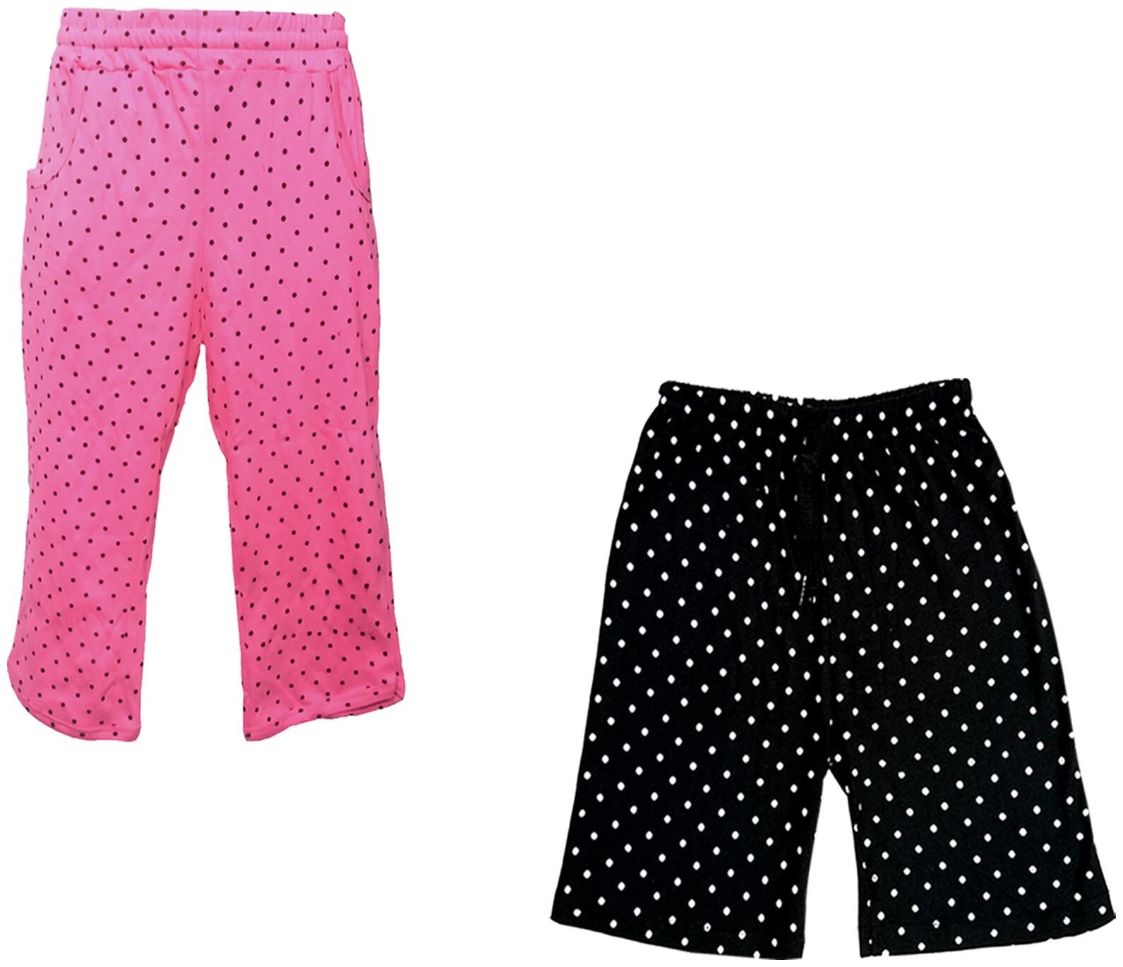 

IndiWeaves Girls Cotton Polka Dots 3 4th Capri and Shorts (Pack of 2) Pink Black