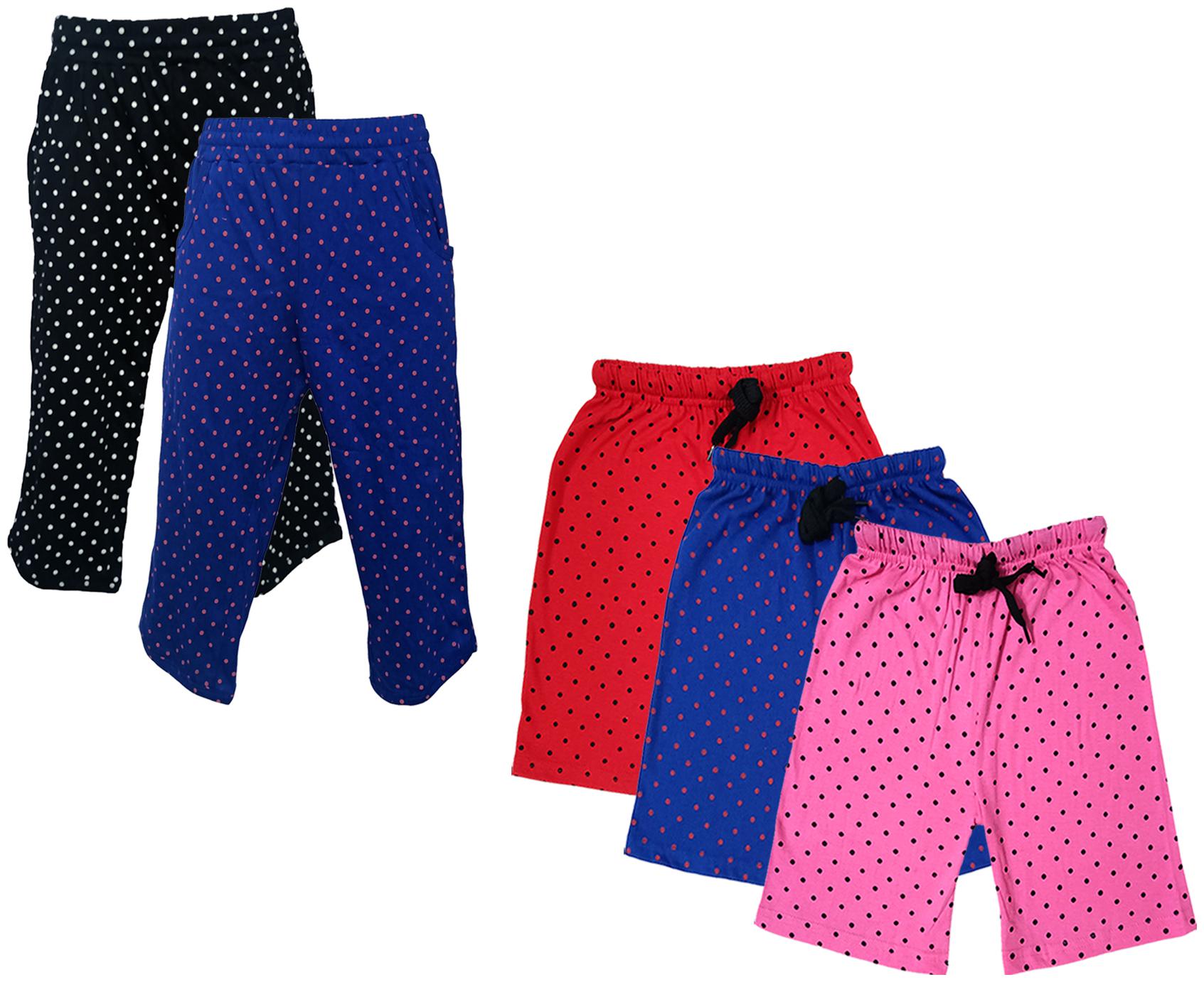

IndiWeaves Girls Cotton Polka Dots 3 4th Capri and Shorts (Pack of 5) Multi
