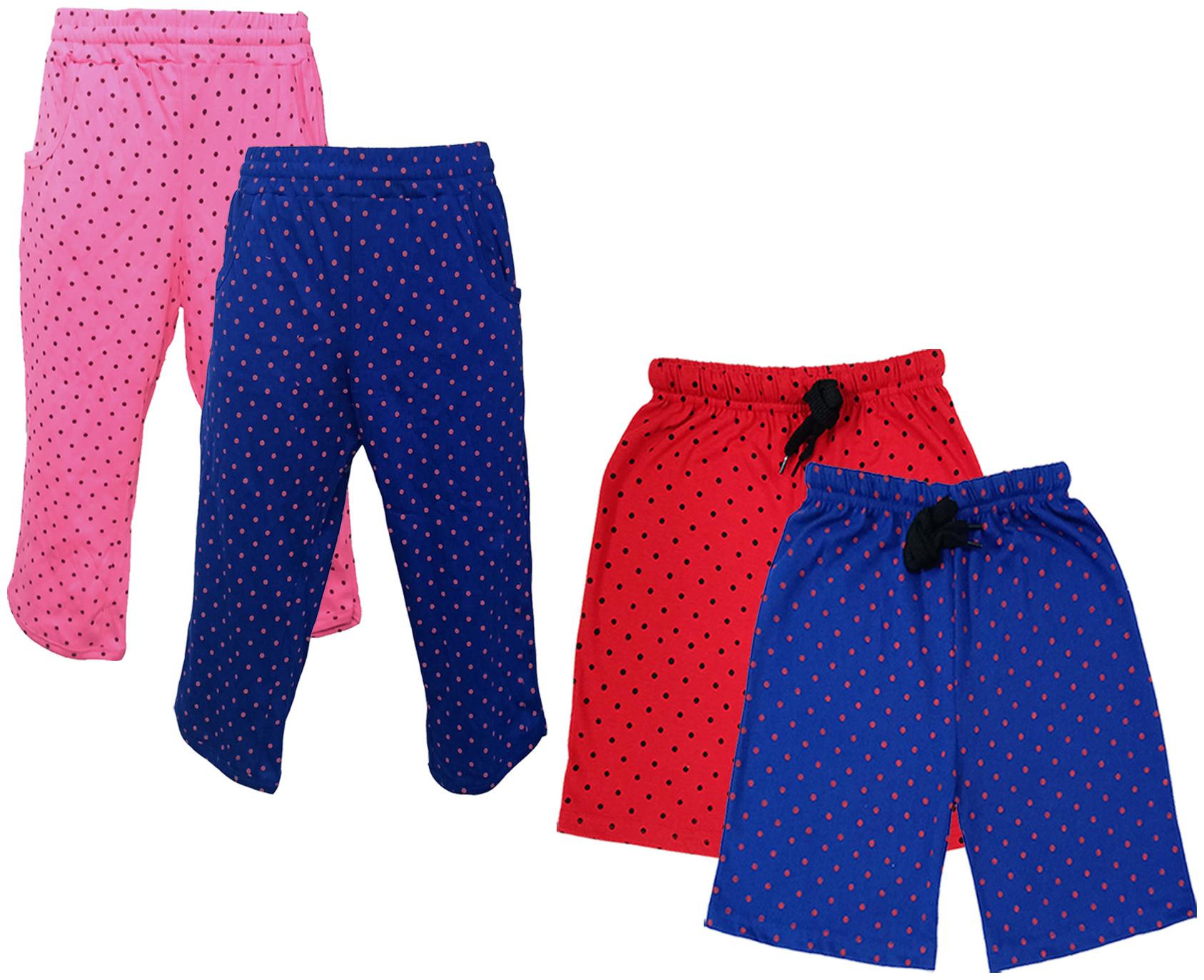 

IndiWeaves Girls Cotton Polka Dots 3 4th Capri and Shorts (Pack of 4) Multi