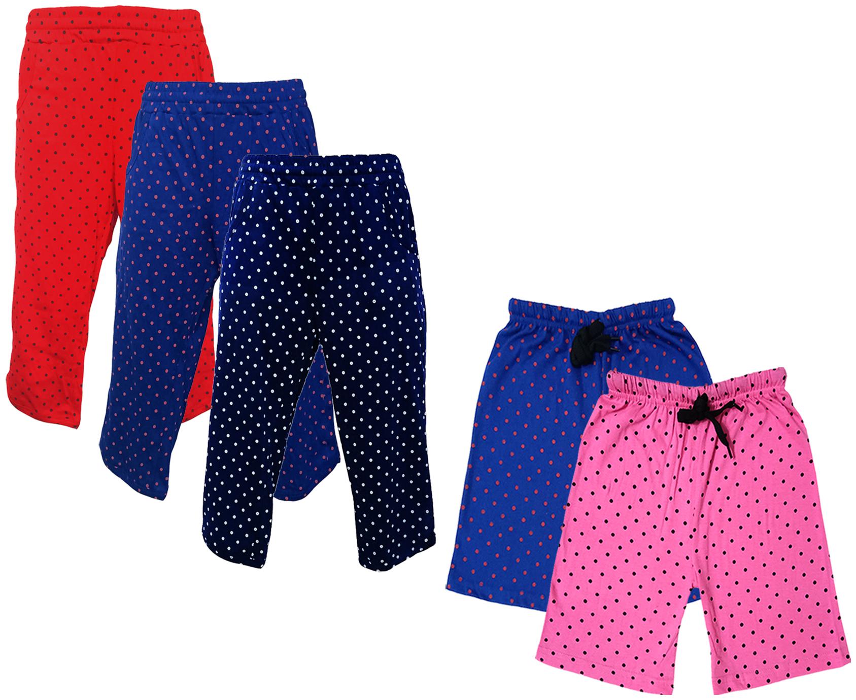 

IndiWeaves Girls Cotton Polka Dots 3 4th Capri and Shorts (Pack of 5) Multi
