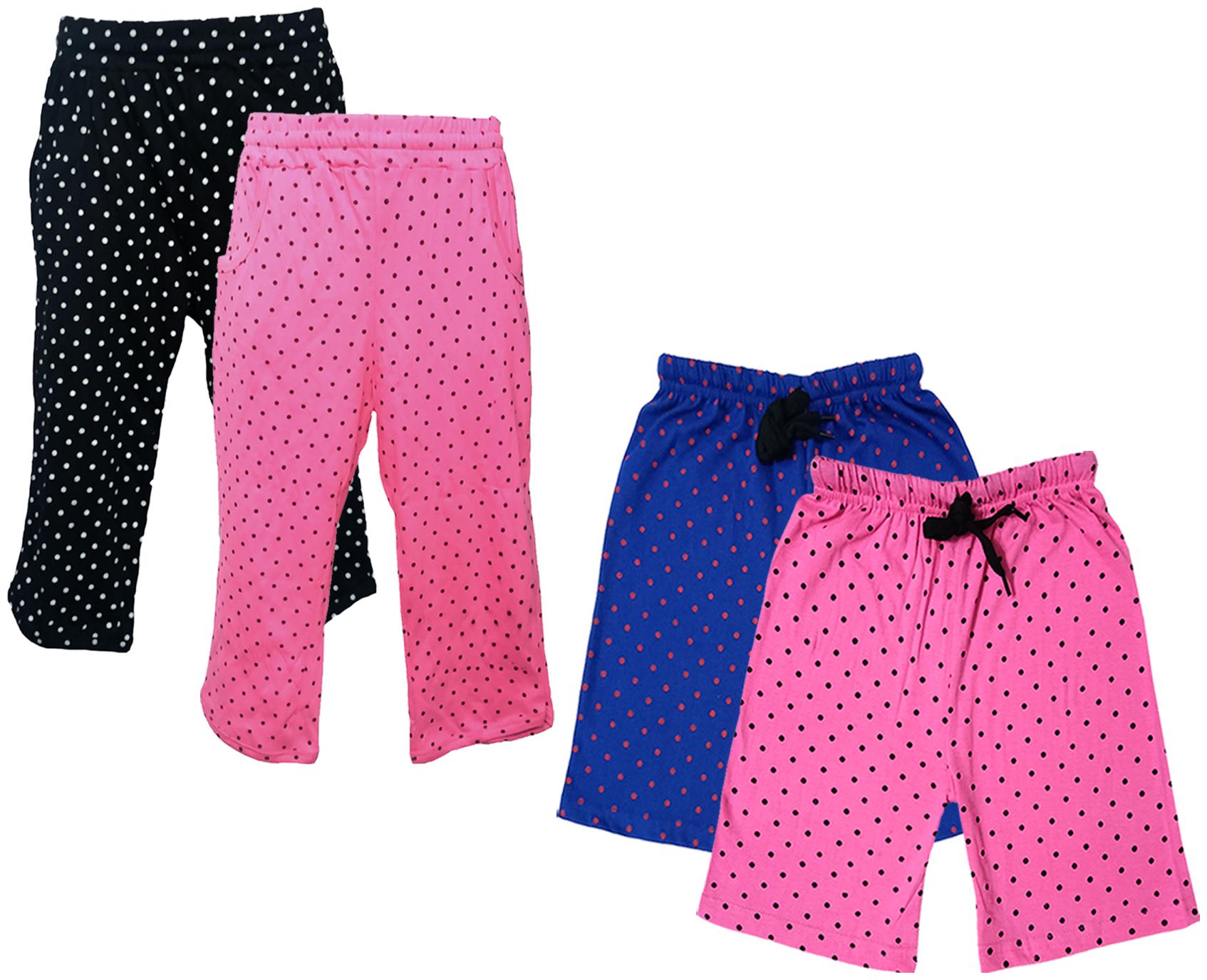 

IndiWeaves Girls Cotton Polka Dots 3 4th Capri and Shorts (Pack of 4) Multi