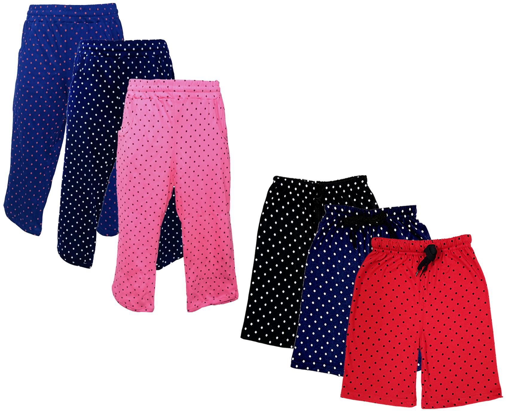 

IndiWeaves Girls Cotton Polka Dots 3 4th Capri and Shorts (Pack of 6) Multi