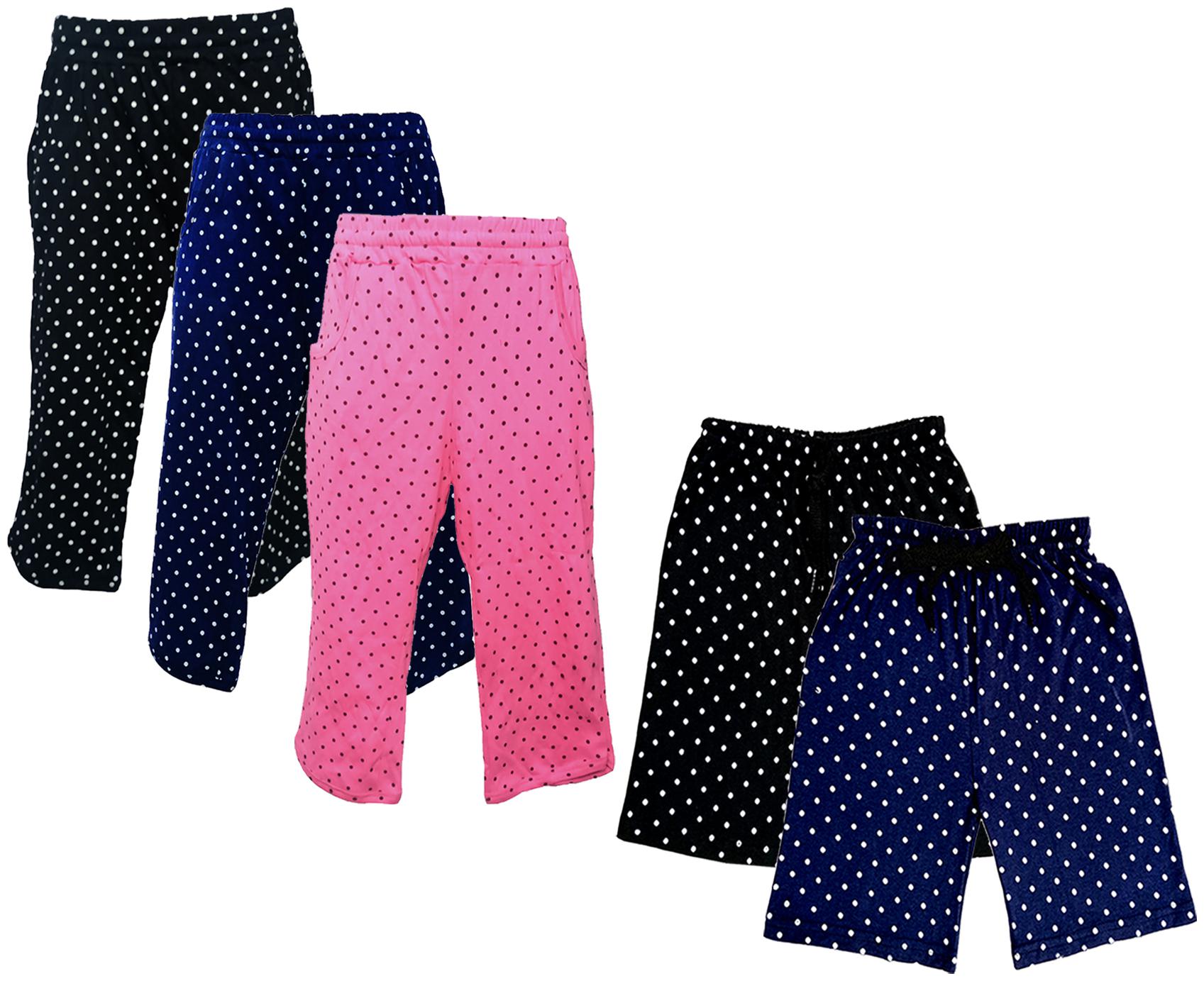 

IndiWeaves Girls Cotton Polka Dots 3 4th Capri and Shorts (Pack of 5) Multi