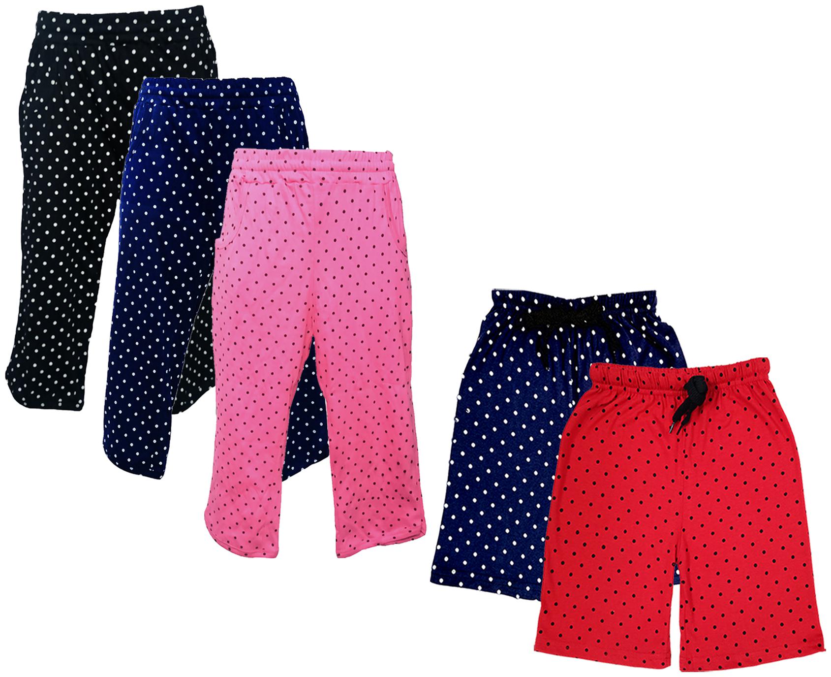 

IndiWeaves Girls Cotton Polka Dots 3 4th Capri and Shorts (Pack of 5) Multi