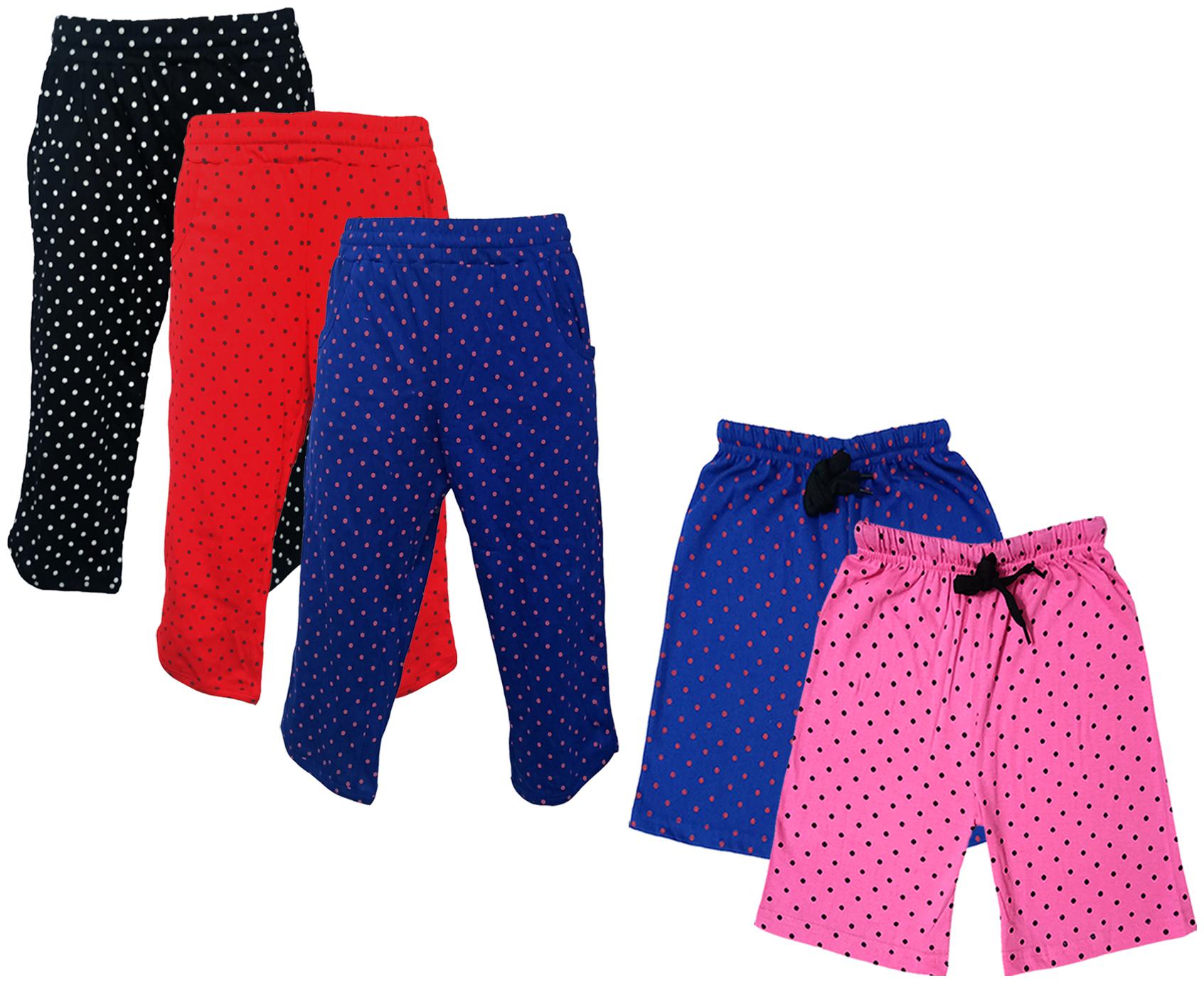 

IndiWeaves Girls Cotton Polka Dots 3 4th Capri and Shorts (Pack of 5) Multi
