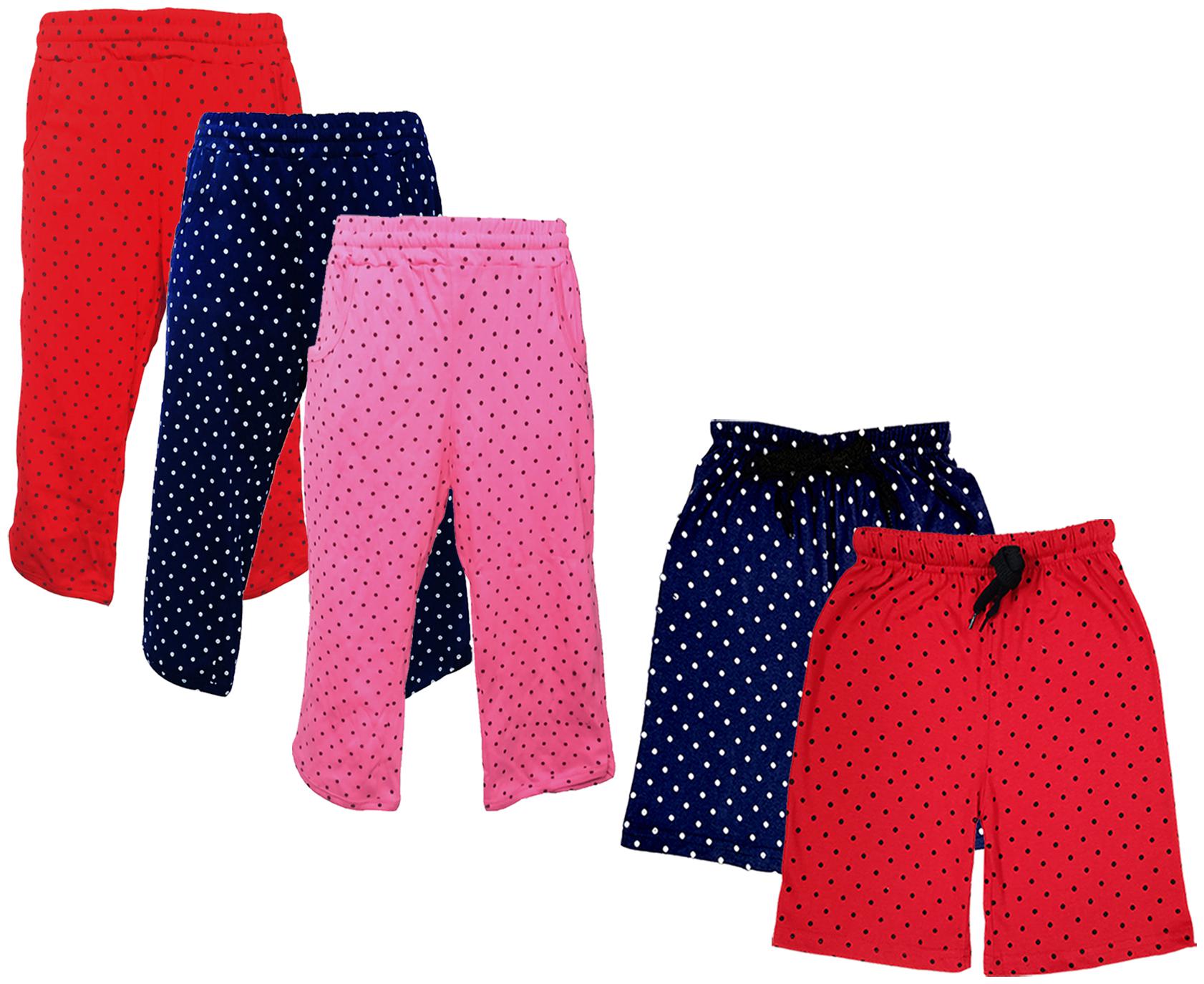 

IndiWeaves Girls Cotton Polka Dots 3 4th Capri and Shorts (Pack of 5) Multi