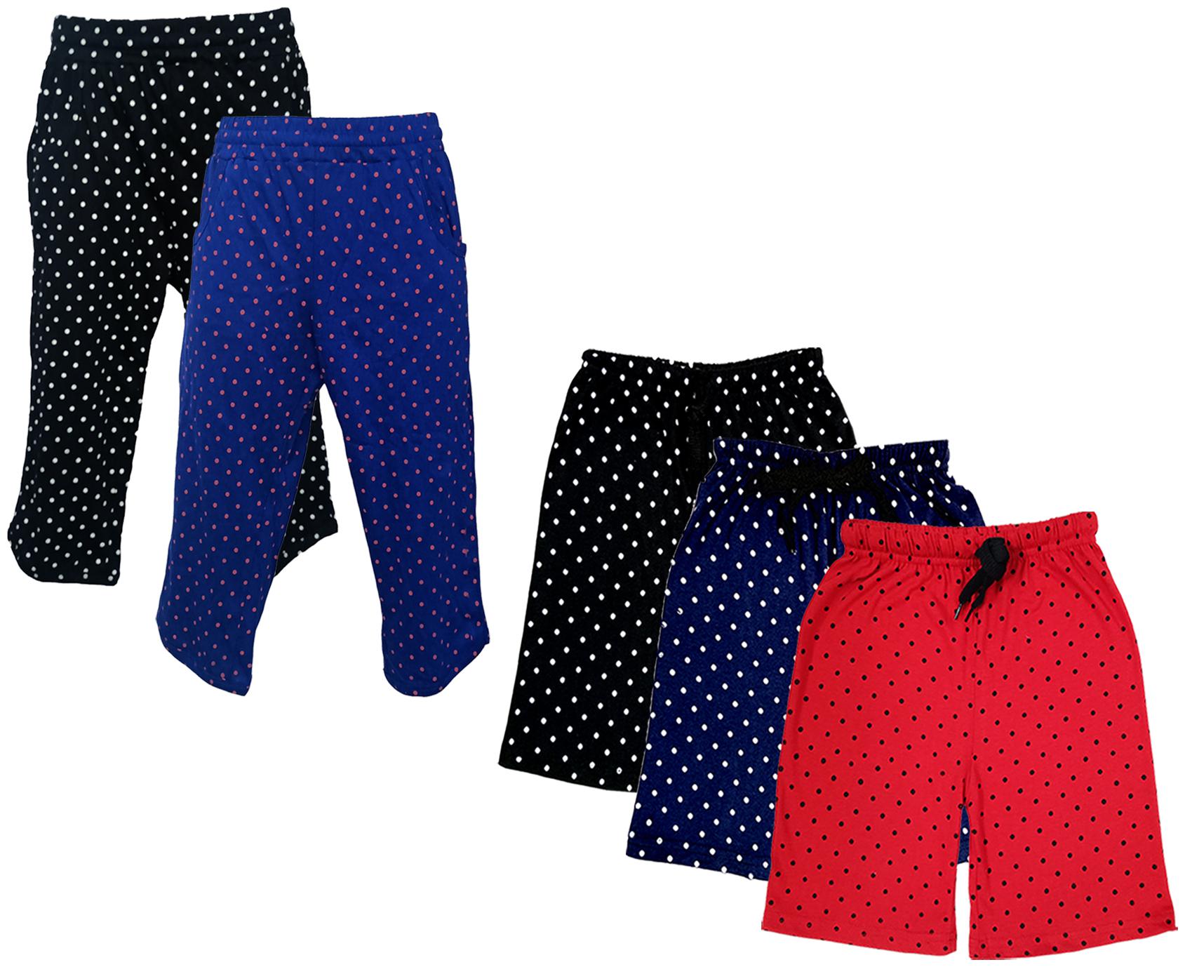 

IndiWeaves Girls Cotton Polka Dots 3 4th Capri and Shorts (Pack of 5) Multi