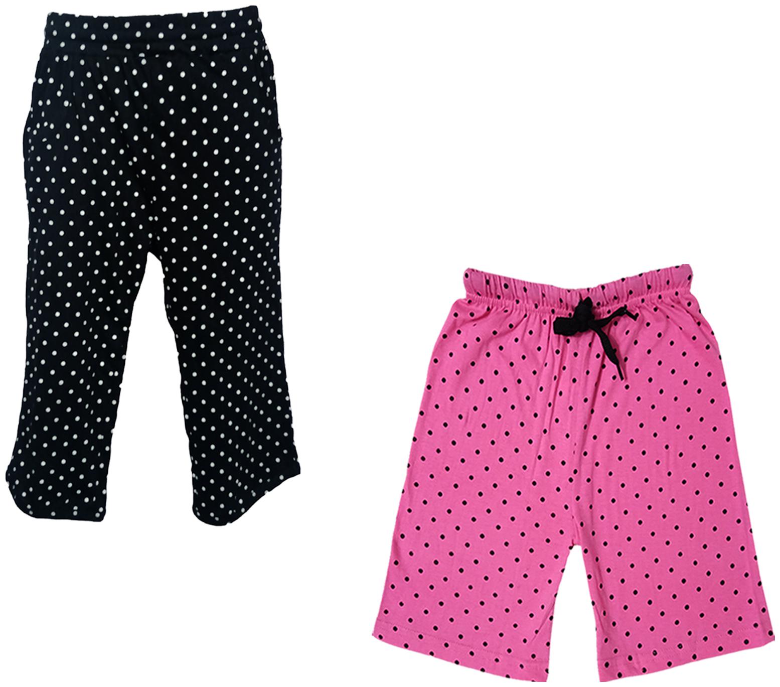 

IndiWeaves Girls Cotton Polka Dots 3 4th Capri and Shorts (Pack of 2) Pink Black