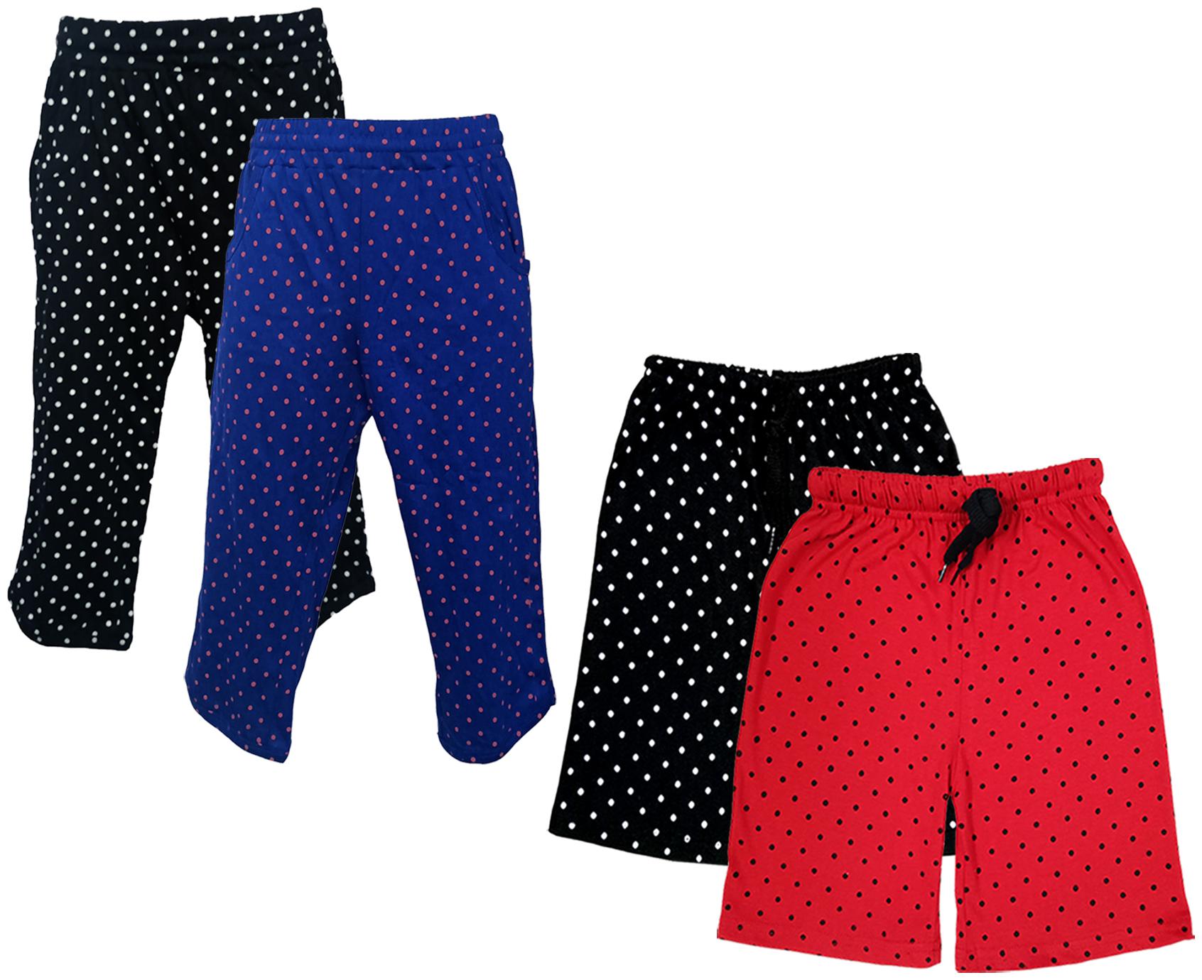 

IndiWeaves Girls Cotton Polka Dots 3 4th Capri and Shorts (Pack of 4) Multi