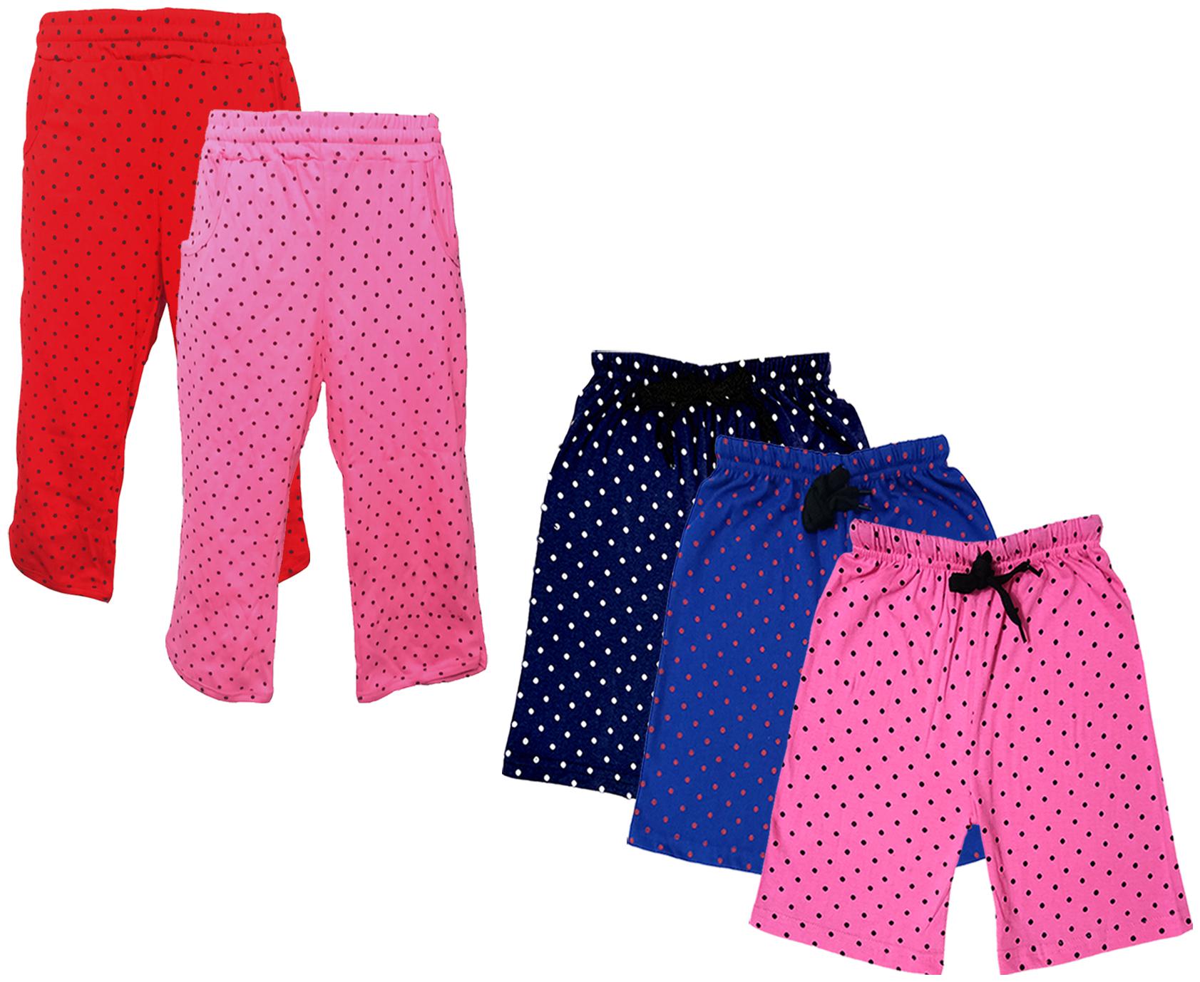 

IndiWeaves Girls Cotton Polka Dots 3 4th Capri and Shorts (Pack of 5) Multi