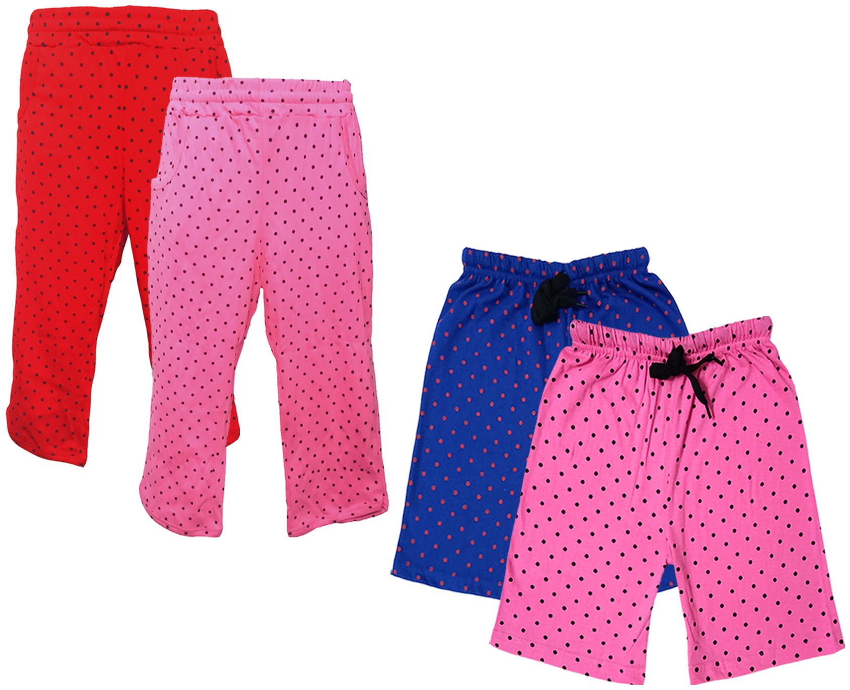 

IndiWeaves Girls Cotton Polka Dots 3 4th Capri and Shorts (Pack of 4) Multi