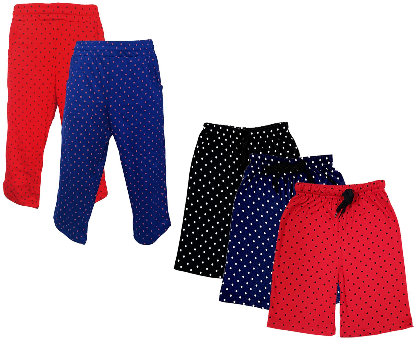 

IndiWeaves Girls Cotton Polka Dots 3 4th Capri and Shorts (Pack of 5) Multi