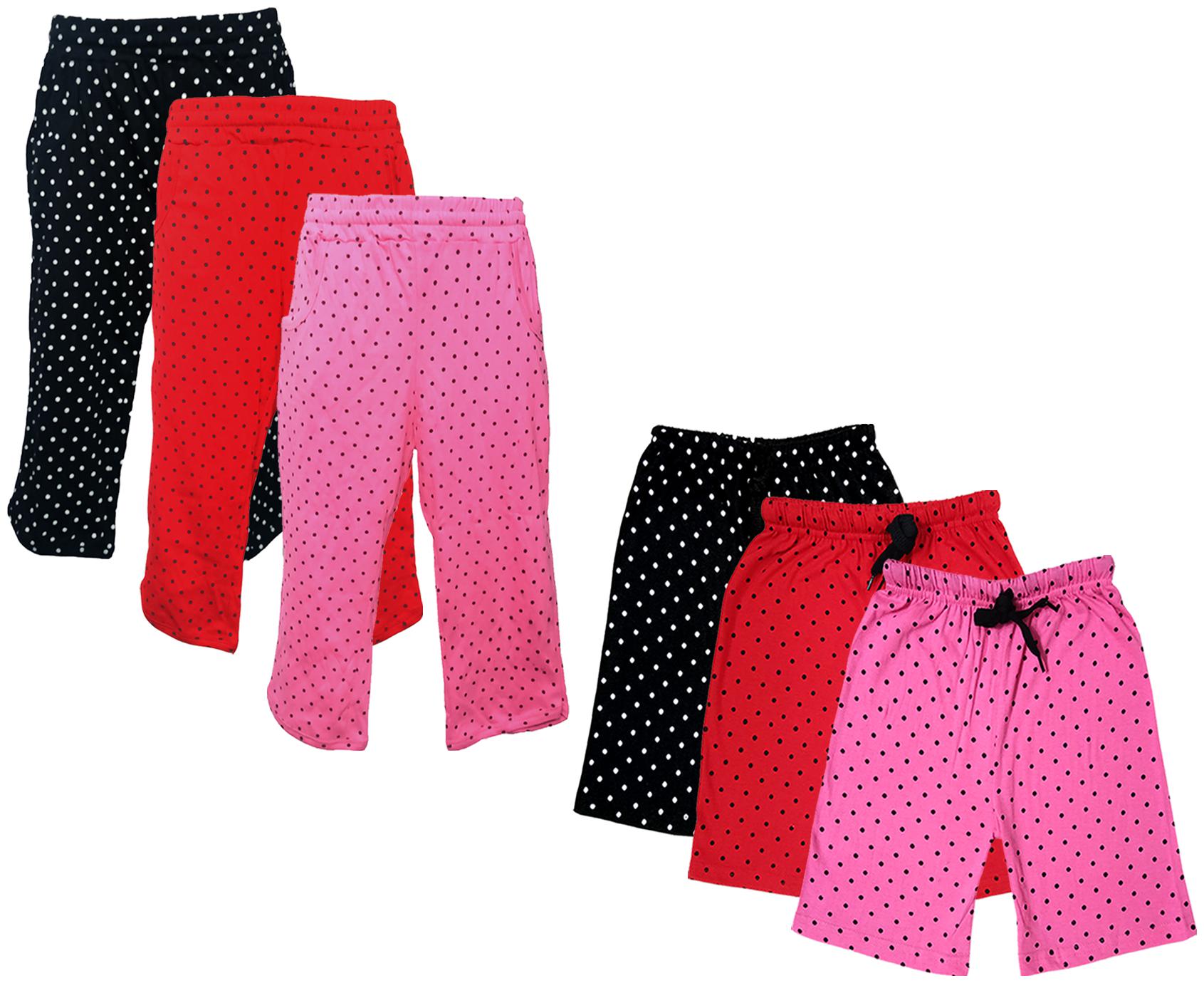 

IndiWeaves Girls Cotton Polka Dots 3 4th Capri and Shorts (Pack of 6) Multi