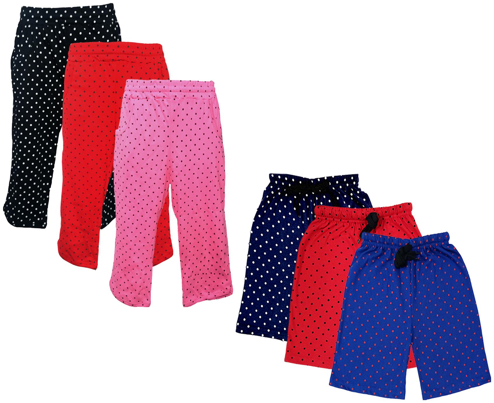 

IndiWeaves Girls Cotton Polka Dots 3 4th Capri and Shorts (Pack of 6) Multi