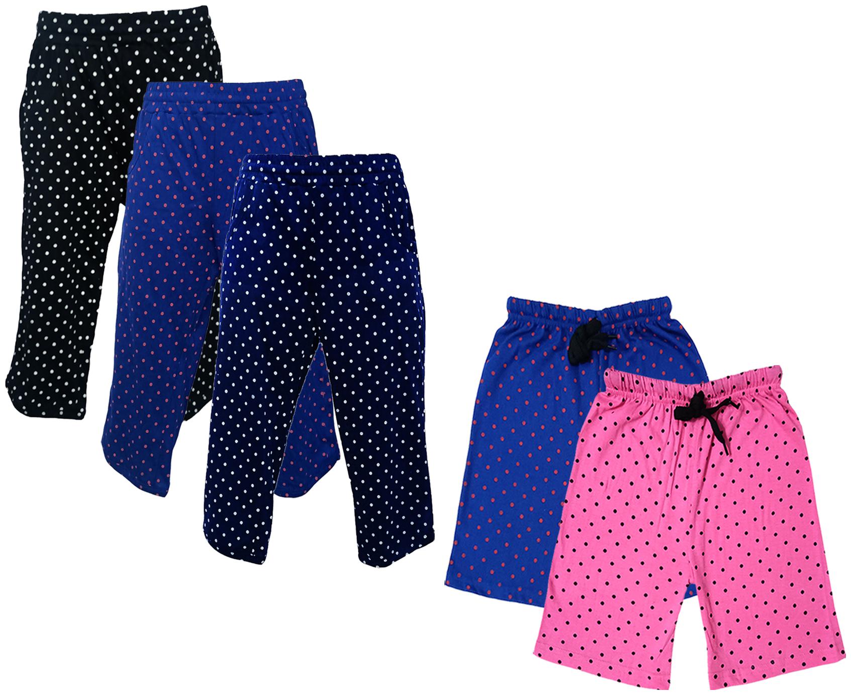 

IndiWeaves Girls Cotton Polka Dots 3 4th Capri and Shorts (Pack of 5) Multi