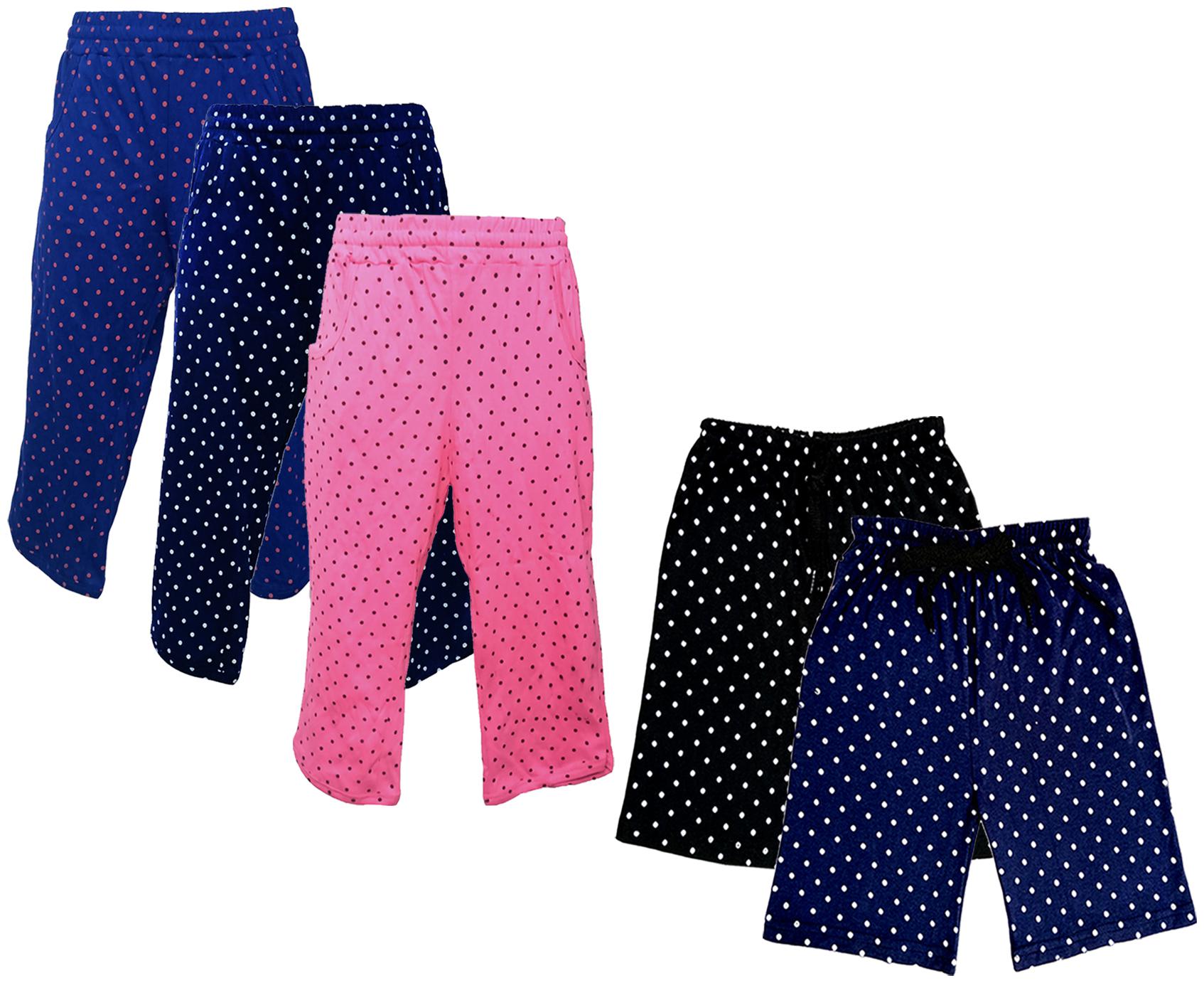 

IndiWeaves Girls Cotton Polka Dots 3 4th Capri and Shorts (Pack of 5) Multi