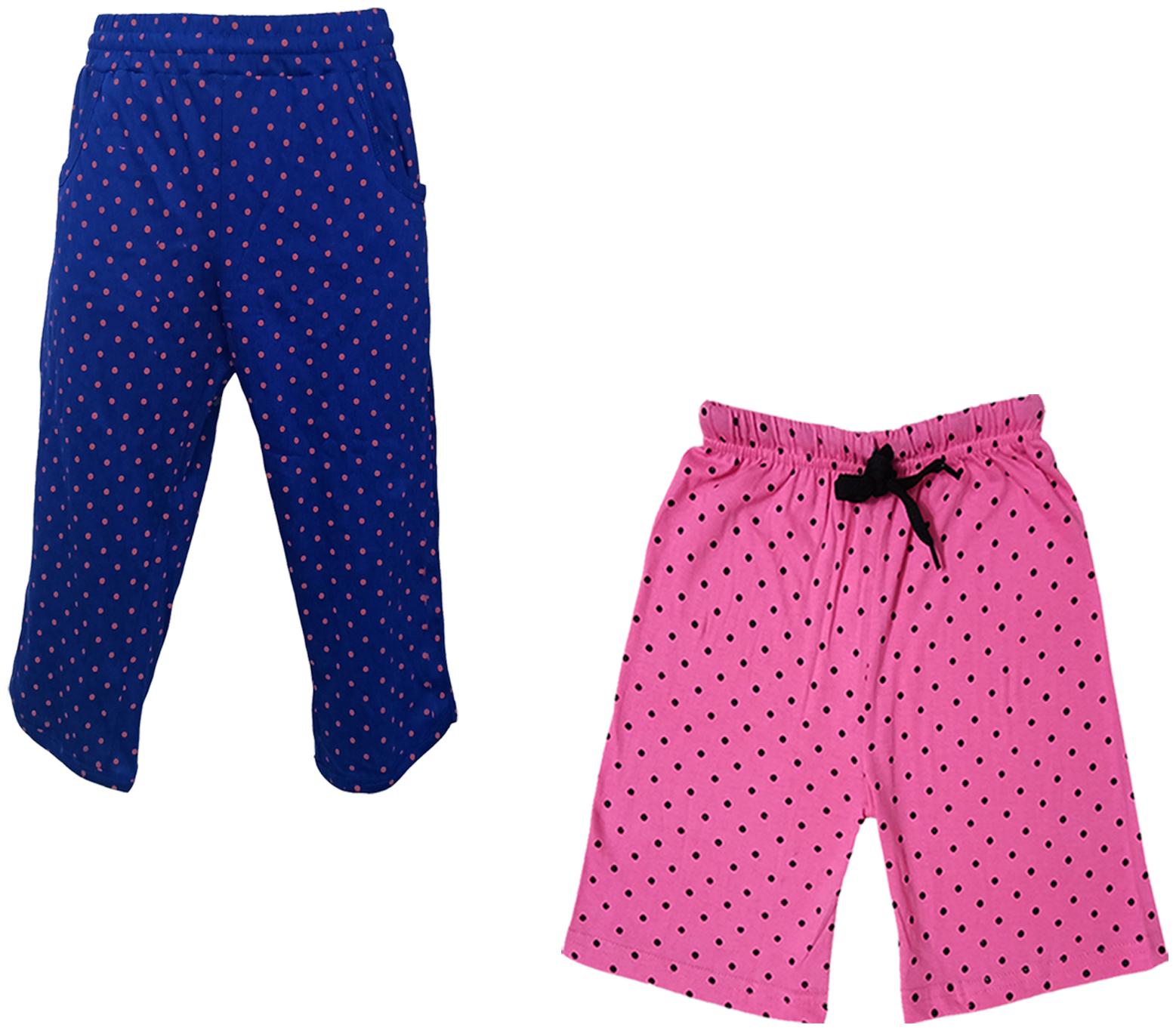 

IndiWeaves Girls Cotton Polka Dots 3 4th Capri and Shorts (Pack of 2) Pink Blue