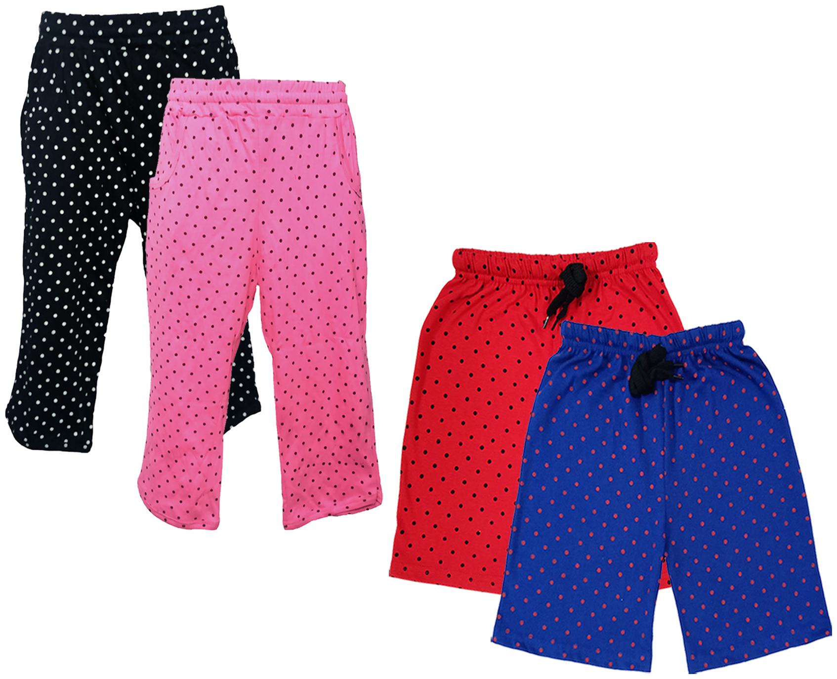 

IndiWeaves Girls Cotton Polka Dots 3 4th Capri and Shorts (Pack of 4) Multi