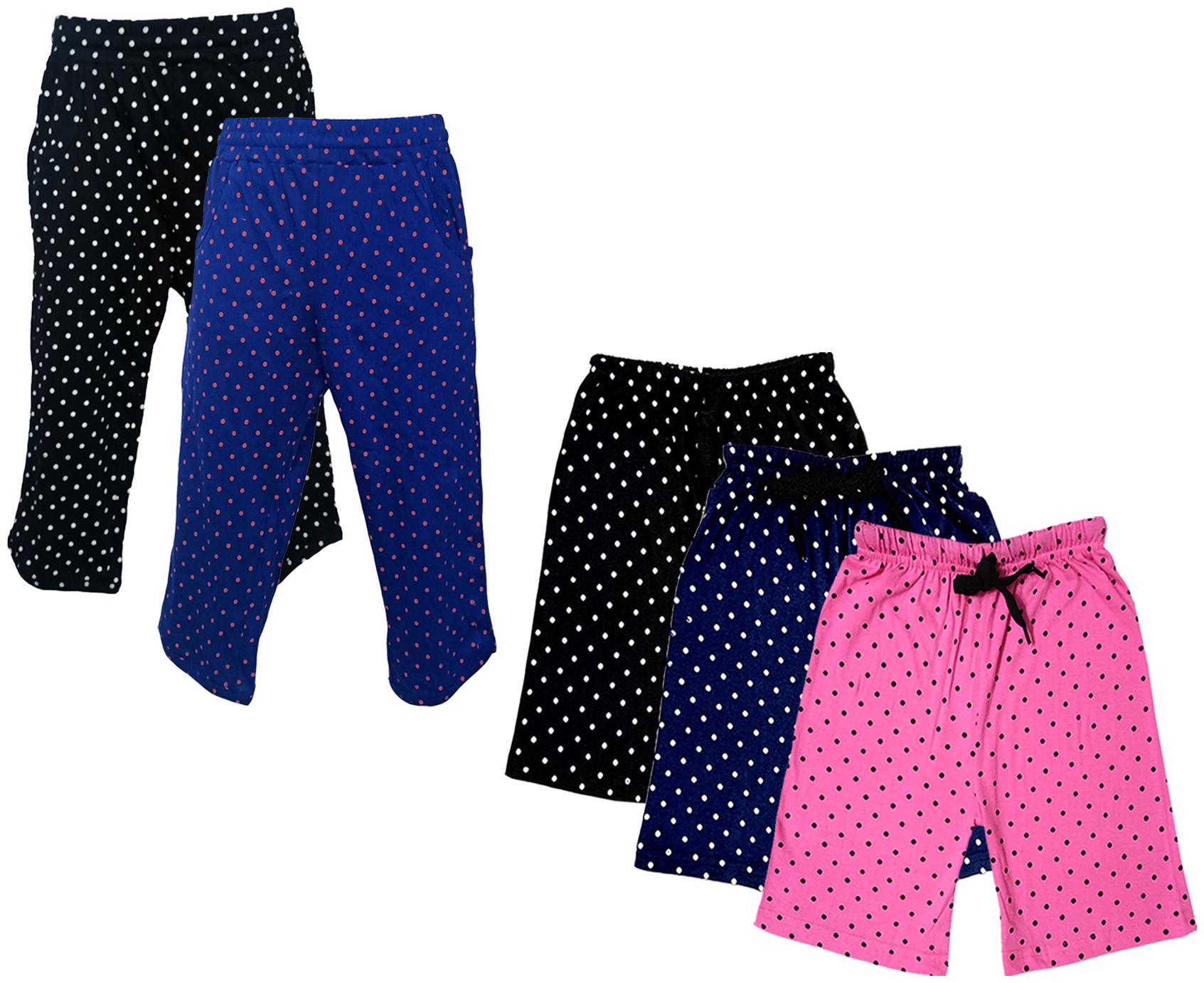 

IndiWeaves Girls Cotton Polka Dots 3 4th Capri and Shorts (Pack of 5) Multi