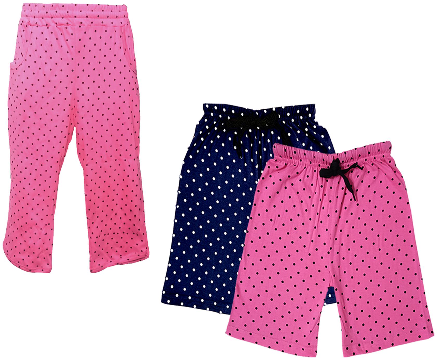 

IndiWeaves Girls Cotton Polka Dots 3 4th Capri and Shorts (Pack of 3) Multi