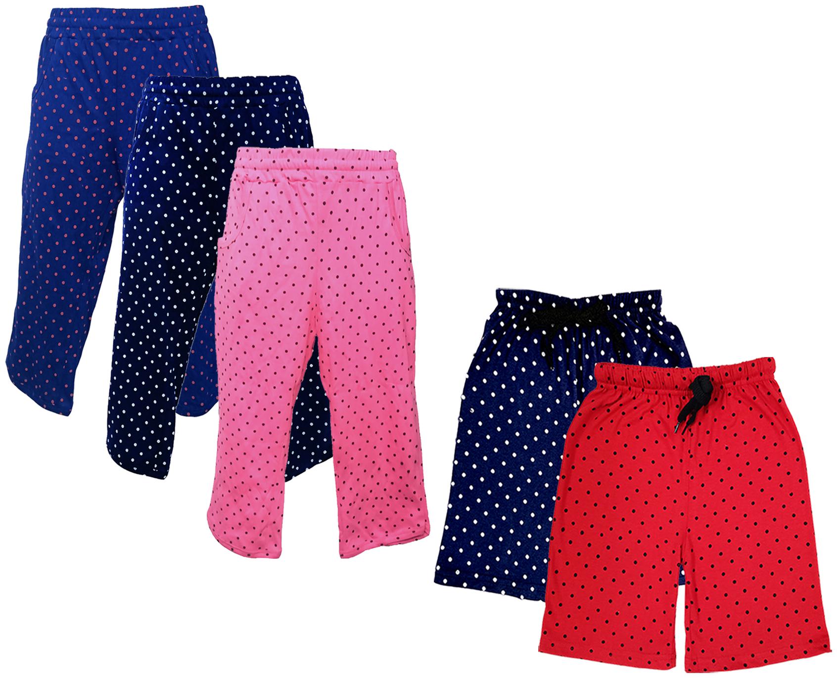 

IndiWeaves Girls Cotton Polka Dots 3 4th Capri and Shorts (Pack of 5) Multi