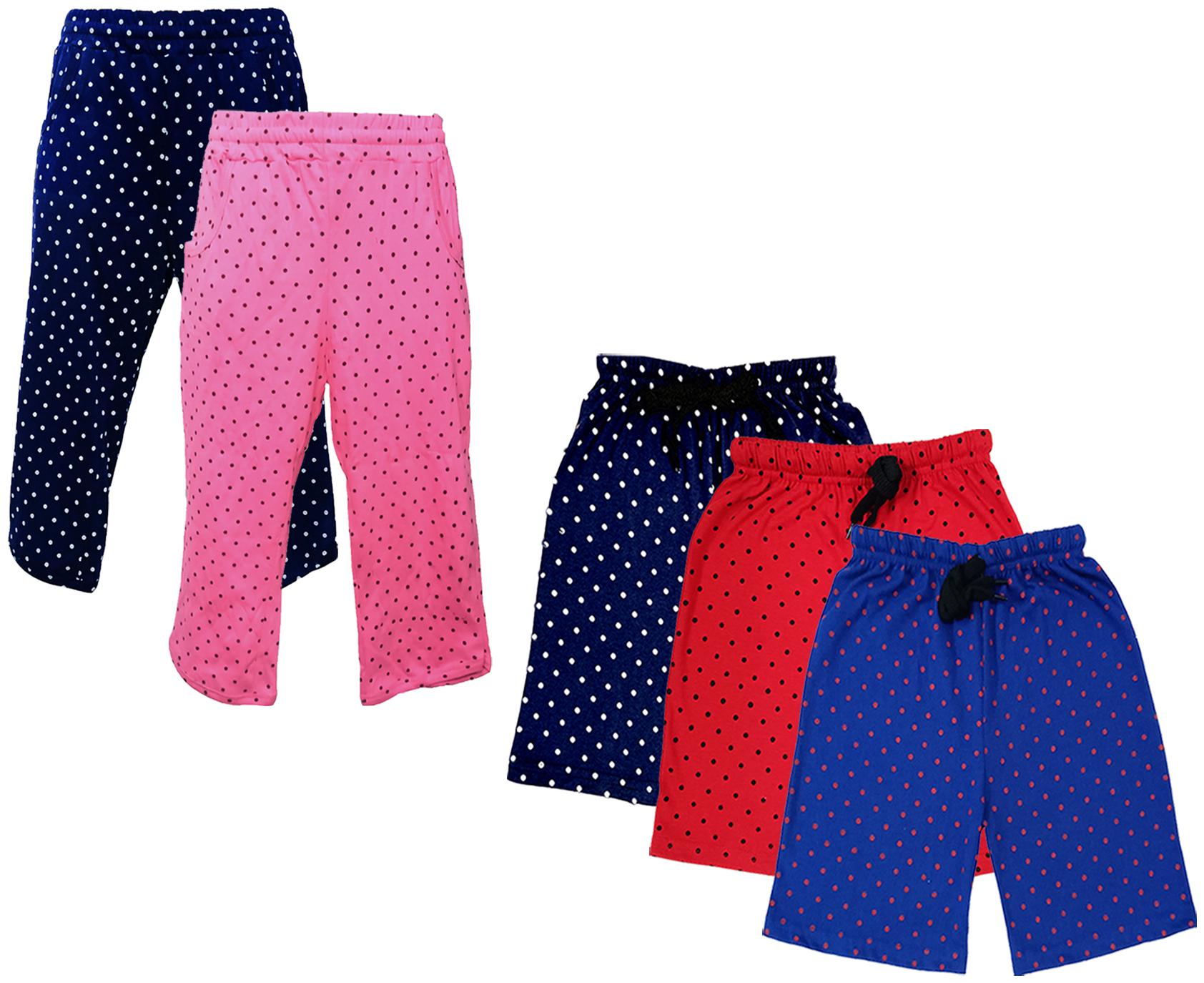 

IndiWeaves Girls Cotton Polka Dots 3 4th Capri and Shorts (Pack of 5) Multi
