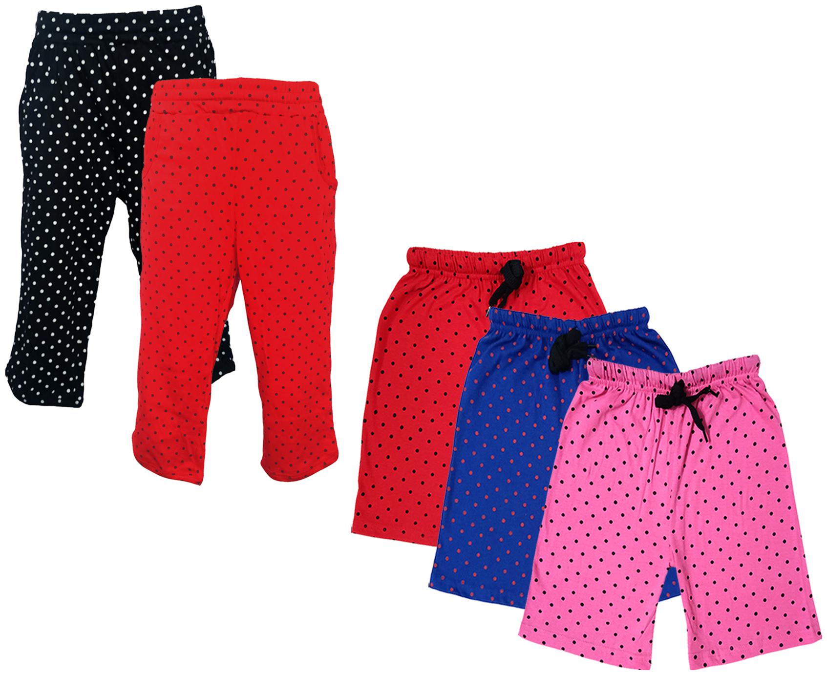 

IndiWeaves Girls Cotton Polka Dots 3 4th Capri and Shorts (Pack of 5) Multi