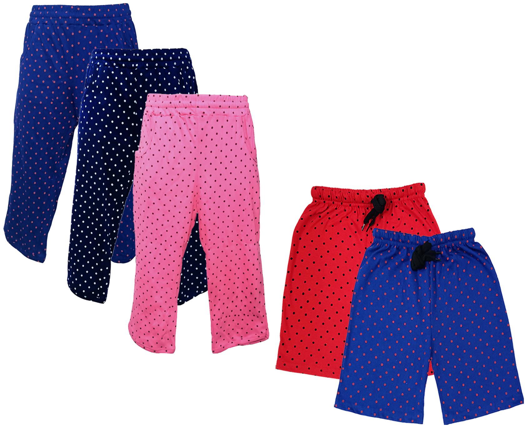 

IndiWeaves Girls Cotton Polka Dots 3 4th Capri and Shorts (Pack of 5) Multi