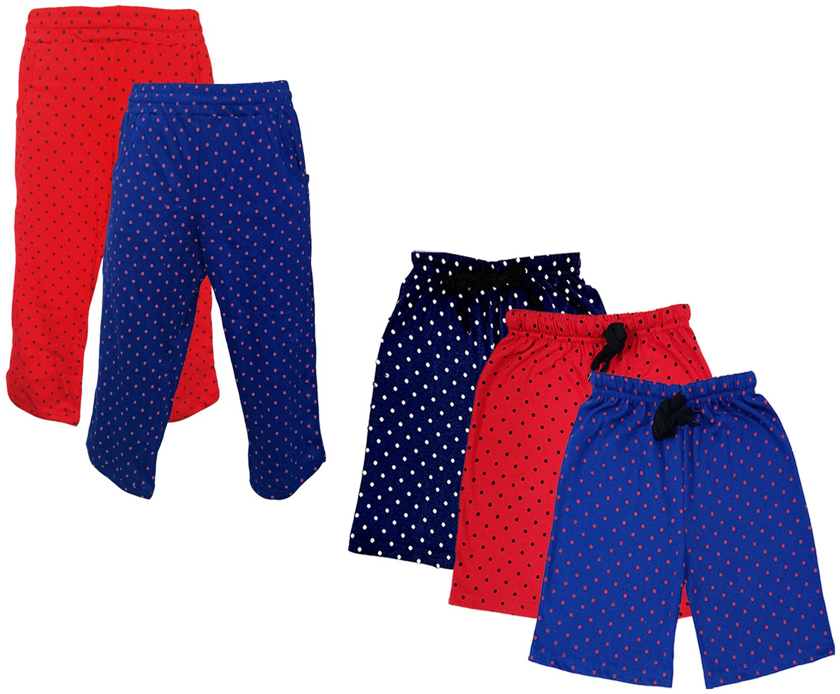 

IndiWeaves Girls Cotton Polka Dots 3 4th Capri and Shorts (Pack of 5) Multi