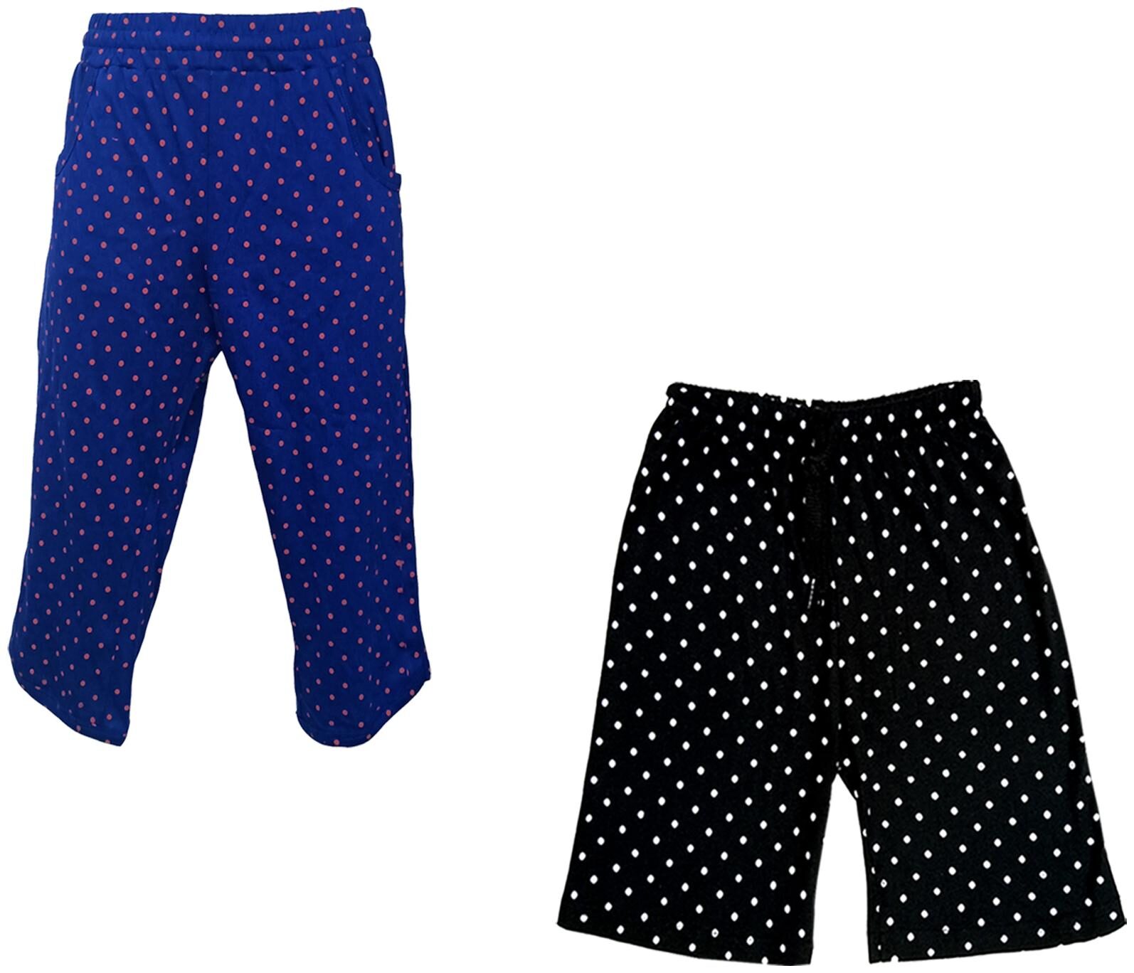 

IndiWeaves Girls Cotton Polka Dots 3 4th Capri and Shorts (Pack of 2) Black Blue