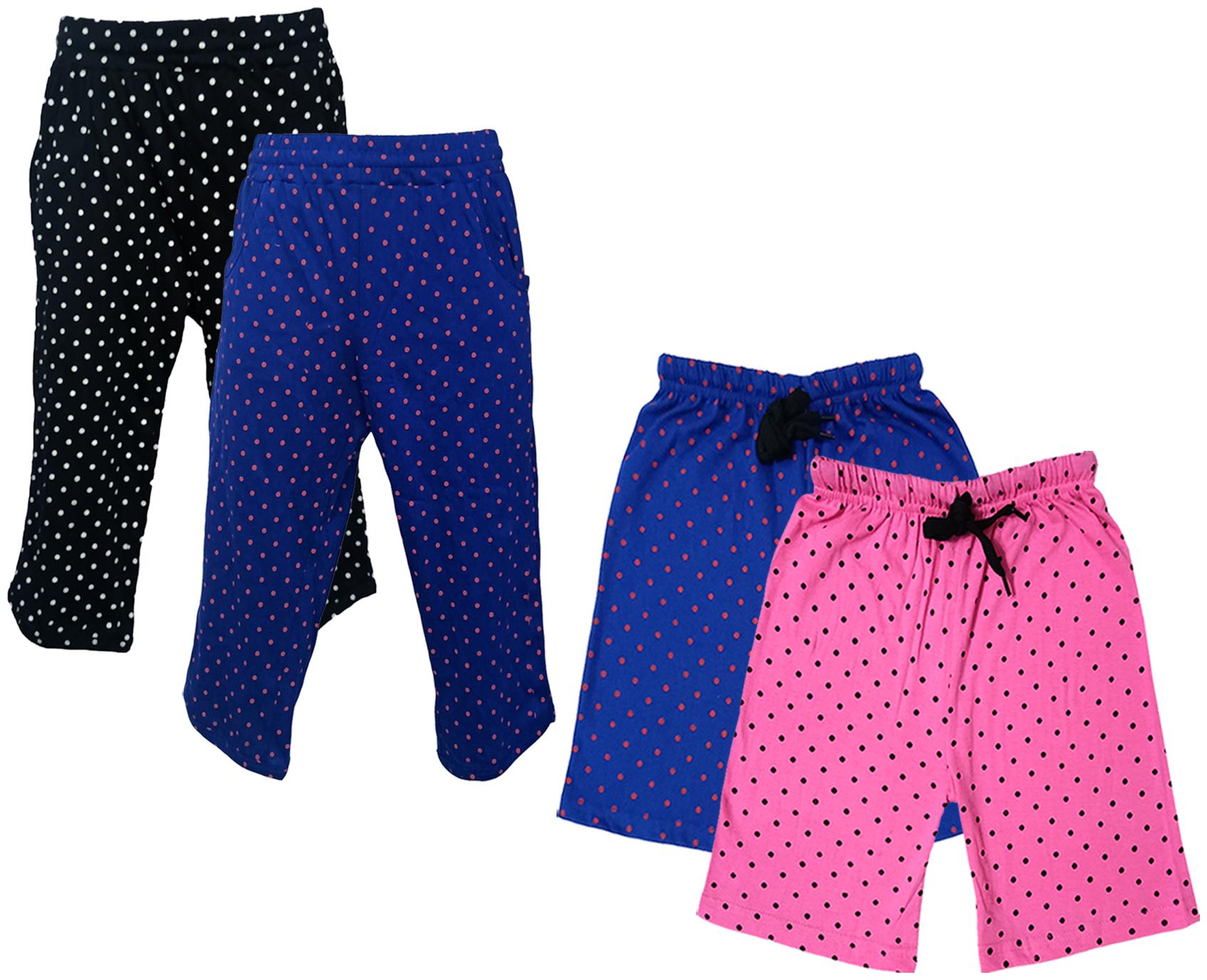 

IndiWeaves Girls Cotton Polka Dots 3 4th Capri and Shorts (Pack of 4) Multi