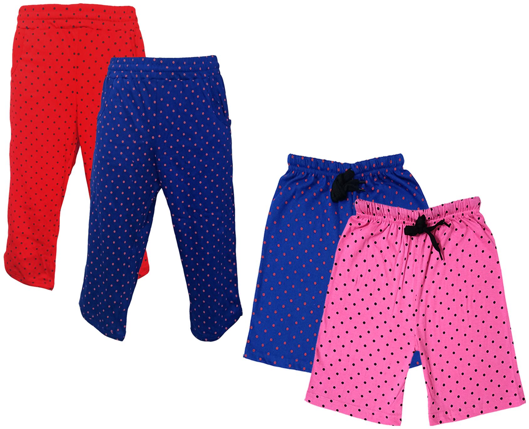 

IndiWeaves Girls Cotton Polka Dots 3 4th Capri and Shorts (Pack of 4) Multi
