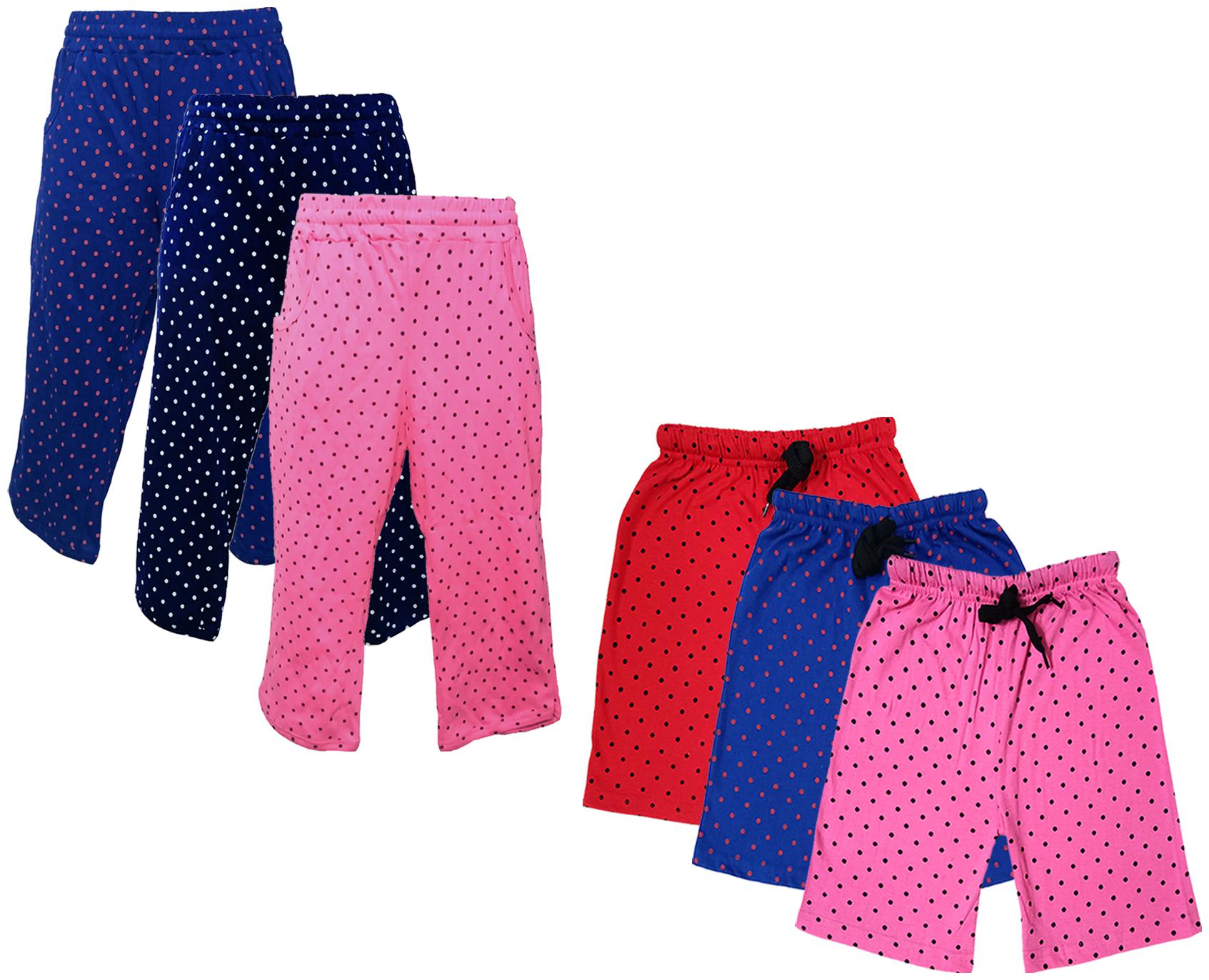 

IndiWeaves Girls Cotton Polka Dots 3 4th Capri and Shorts (Pack of 6) Multi