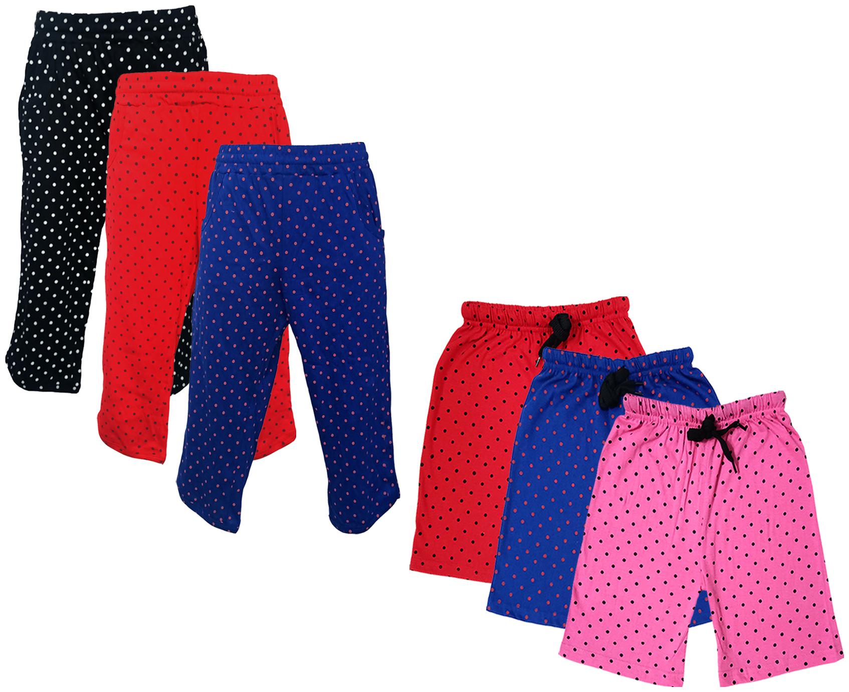 

IndiWeaves Girls Cotton Polka Dots 3 4th Capri and Shorts (Pack of 6) Multi
