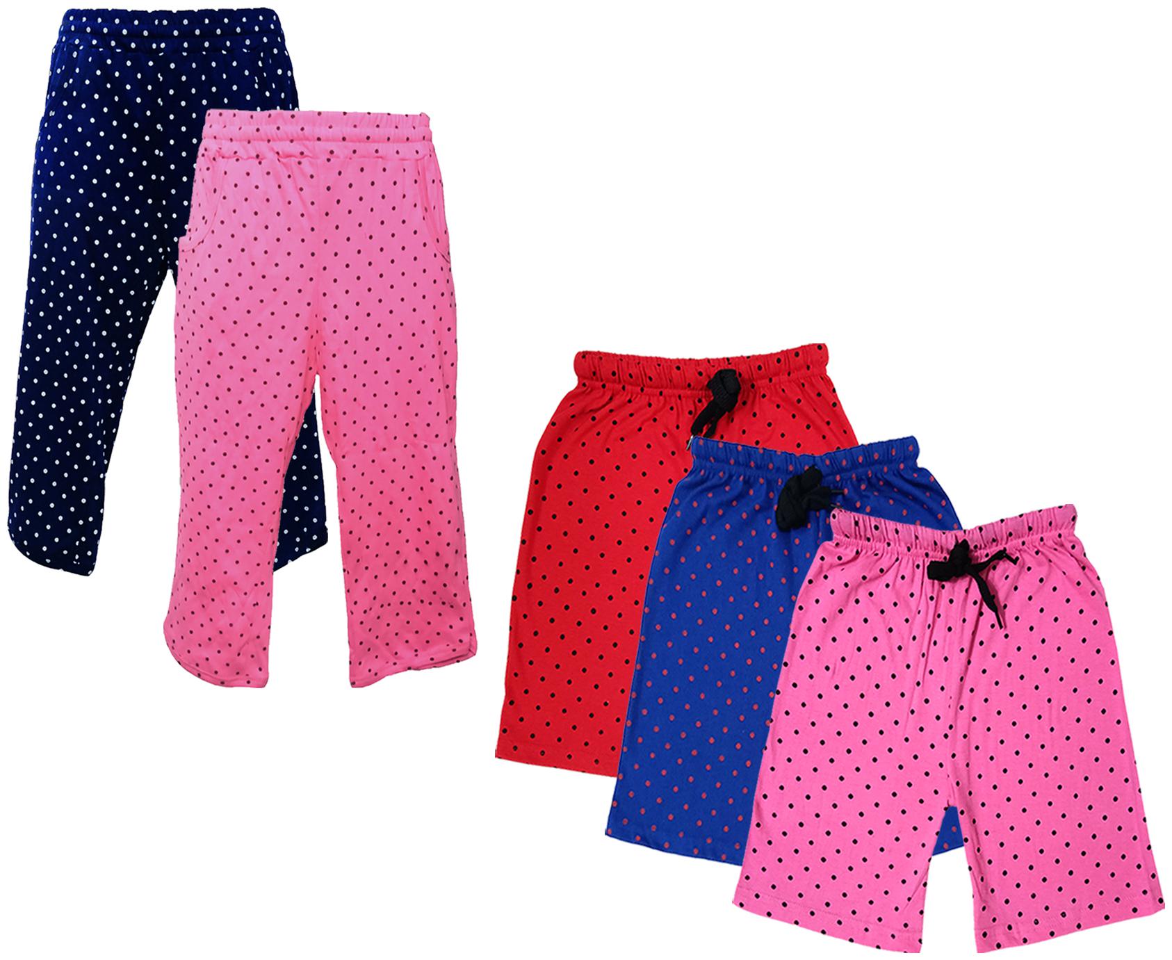 

IndiWeaves Girls Cotton Polka Dots 3 4th Capri and Shorts (Pack of 5) Multi