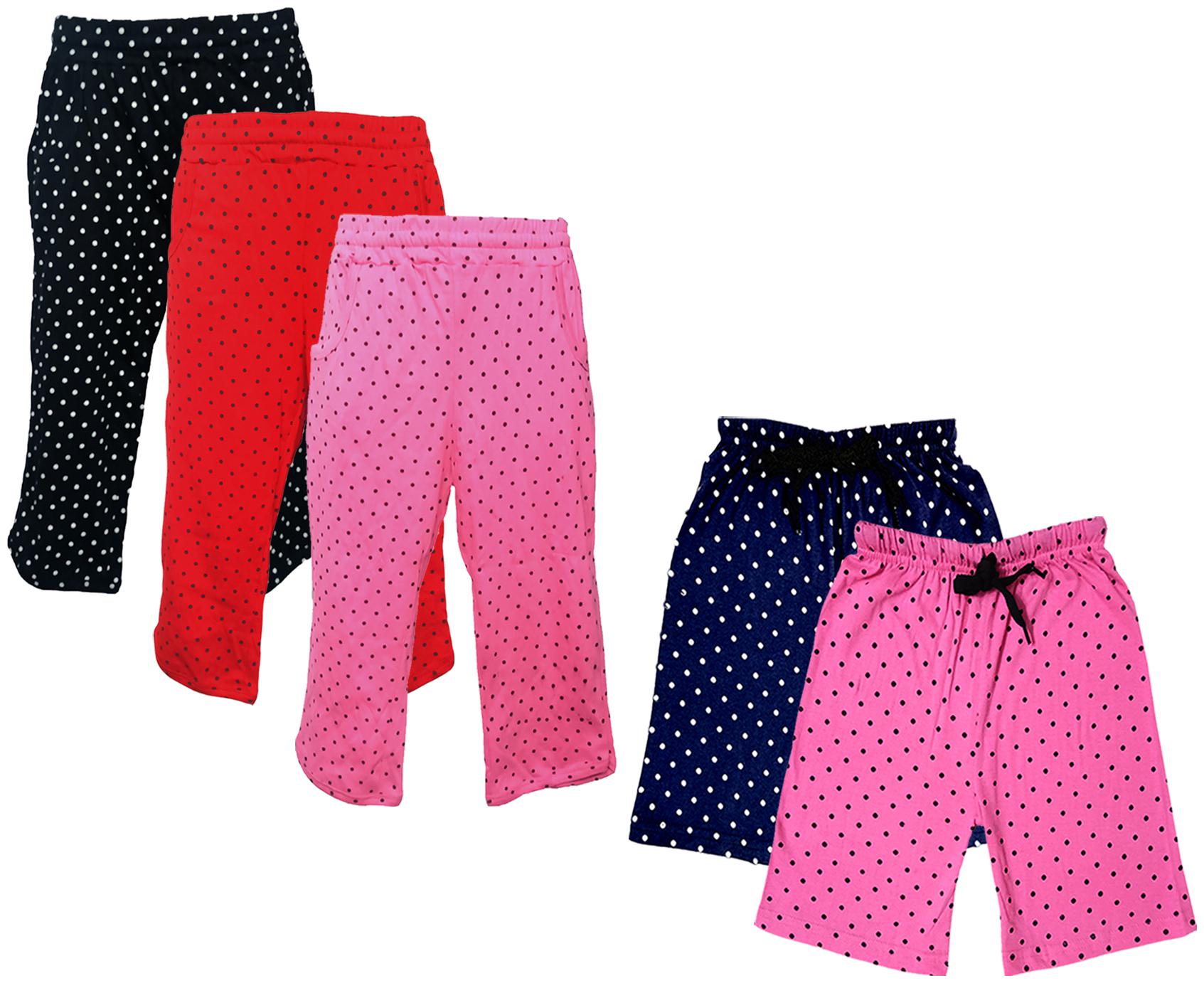 

IndiWeaves Girls Cotton Polka Dots 3 4th Capri and Shorts (Pack of 5) Multi