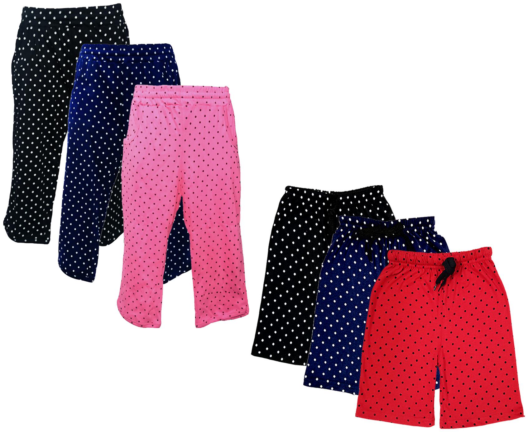 

IndiWeaves Girls Cotton Polka Dots 3 4th Capri and Shorts (Pack of 6) Multi