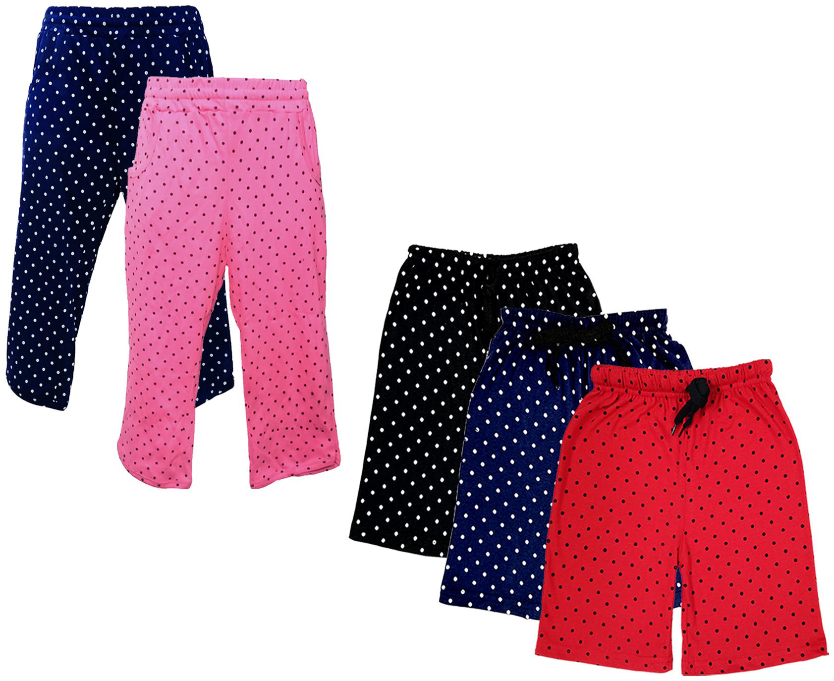 

IndiWeaves Girls Cotton Polka Dots 3 4th Capri and Shorts (Pack of 5) Multi