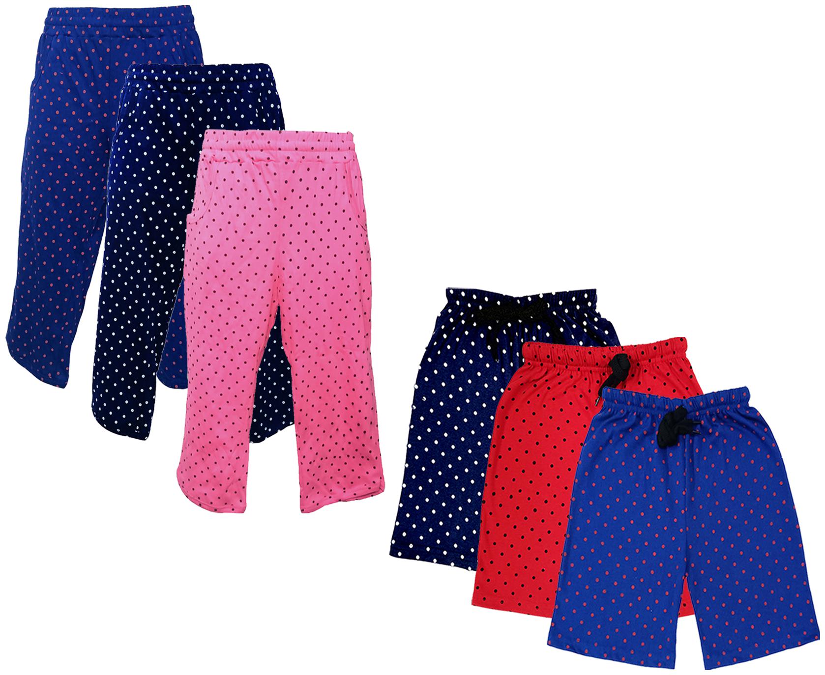 

IndiWeaves Girls Cotton Polka Dots 3 4th Capri and Shorts (Pack of 6) Multi