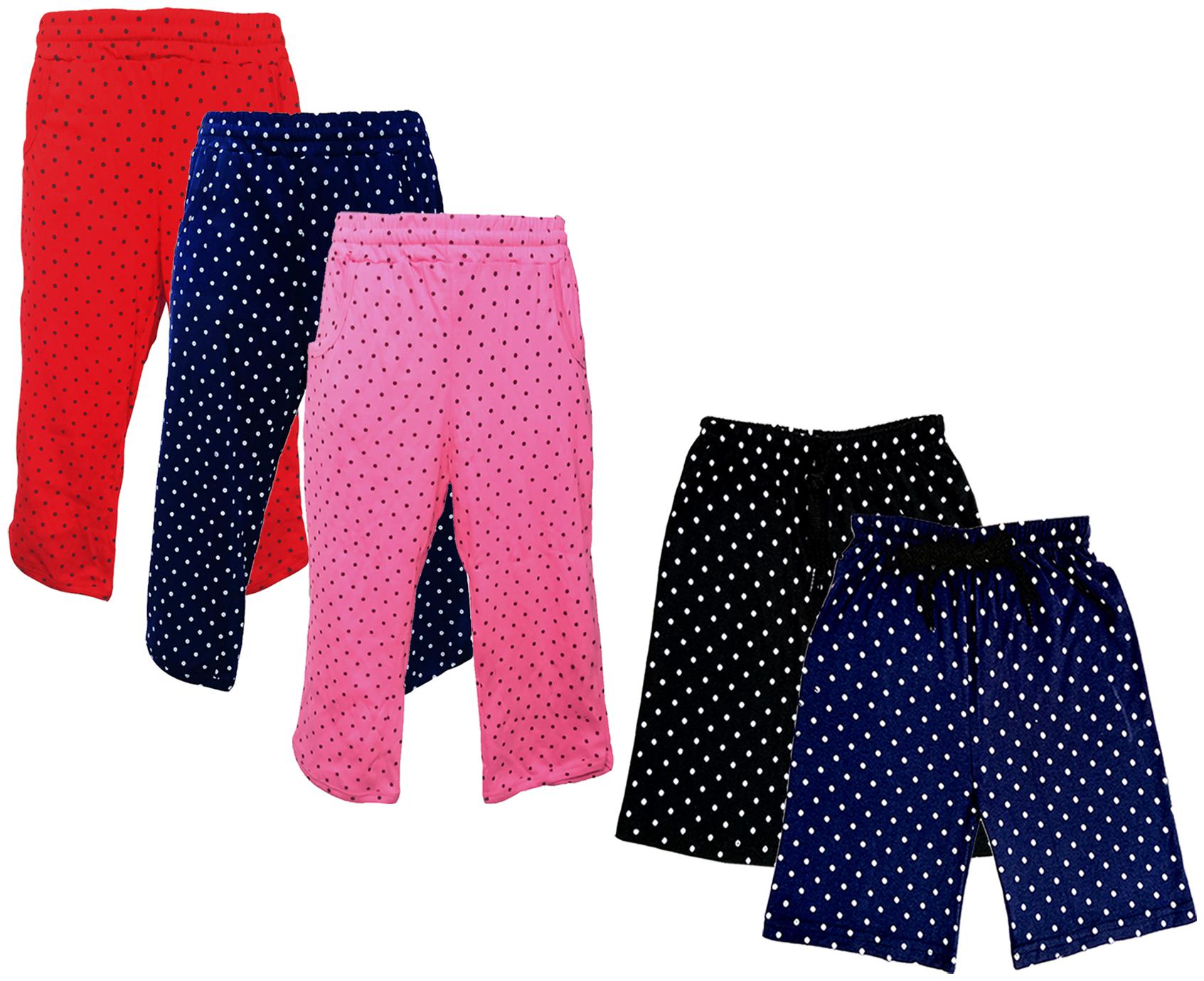 

IndiWeaves Girls Cotton Polka Dots 3 4th Capri and Shorts (Pack of 5) Multi