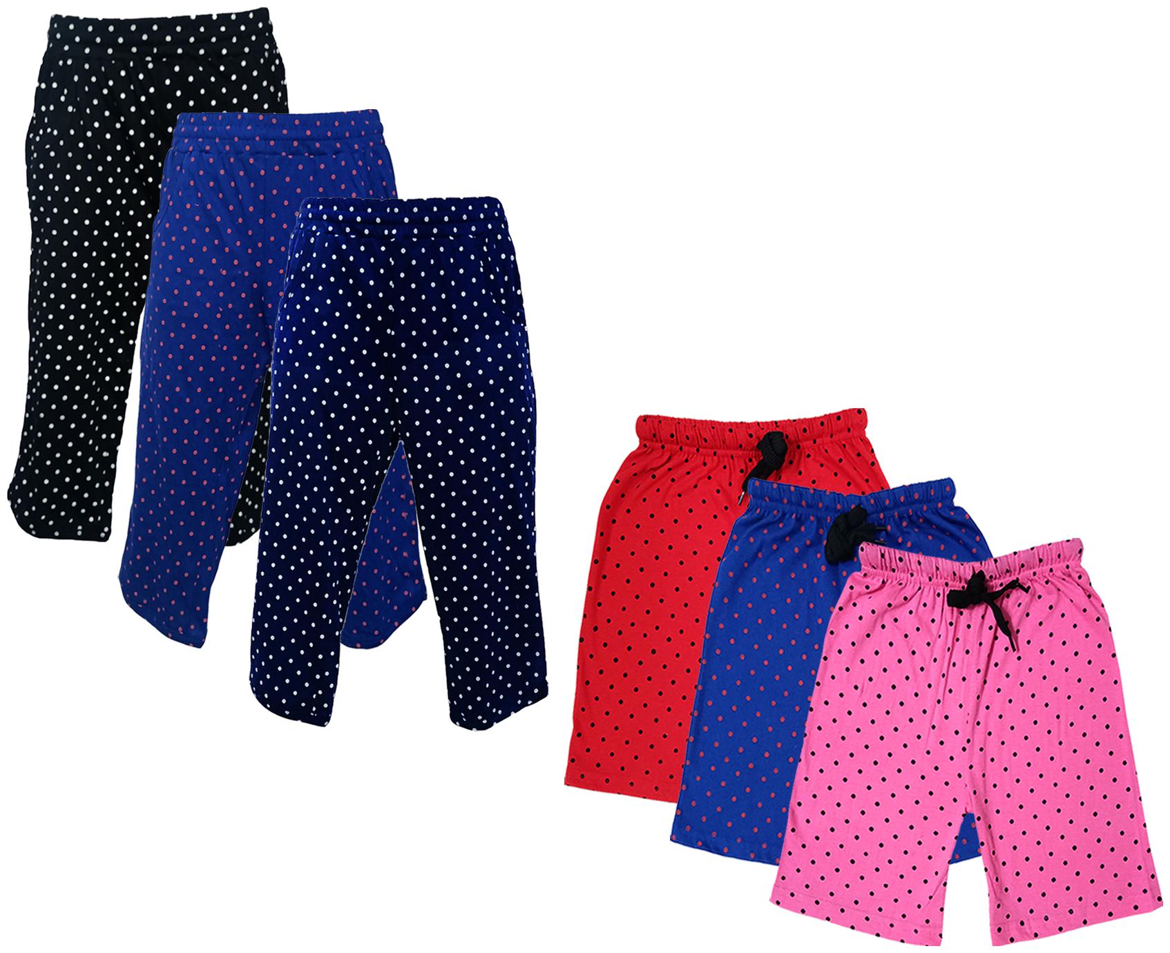

IndiWeaves Girls Cotton Polka Dots 3 4th Capri and Shorts (Pack of 6) Multi