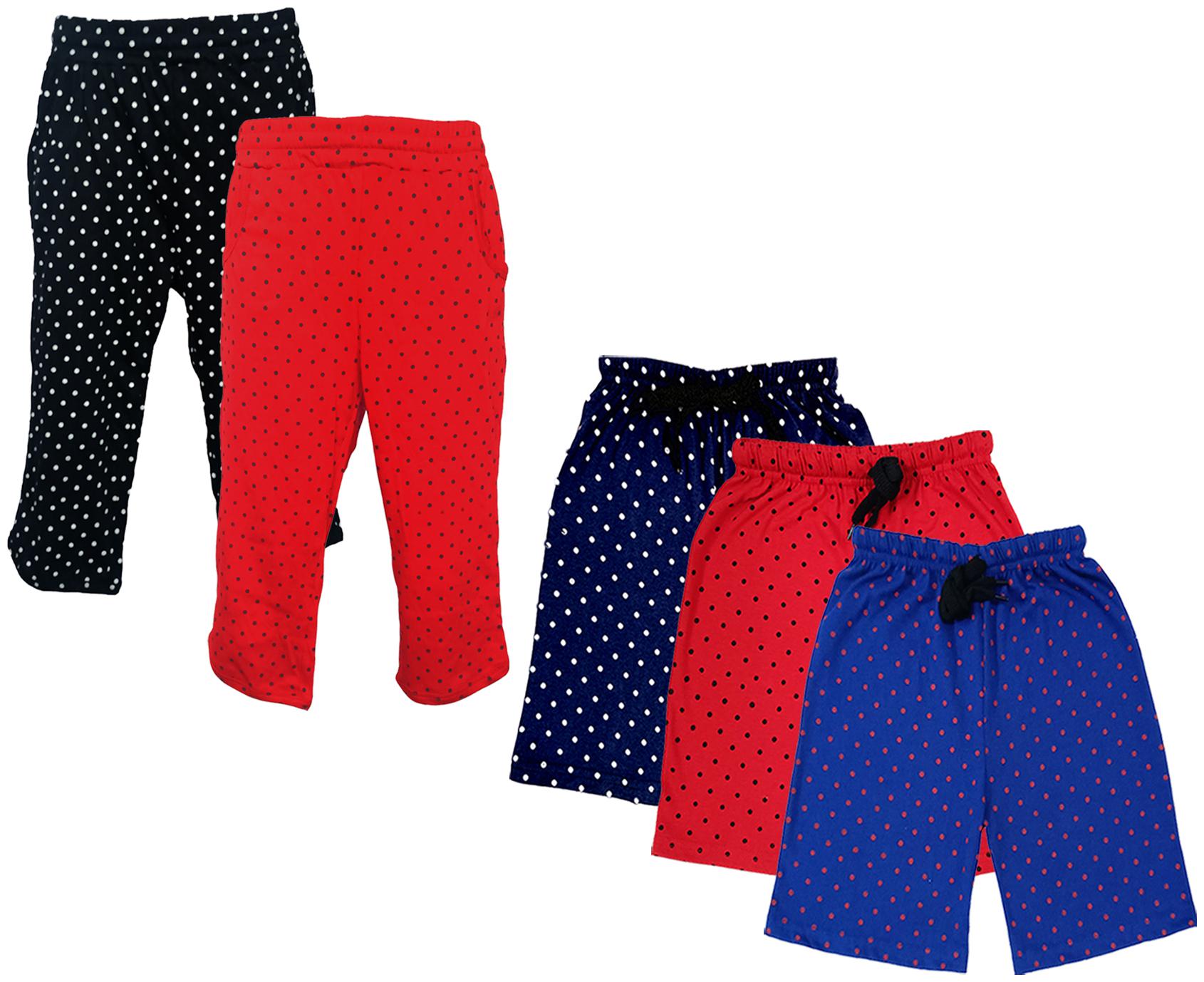 

IndiWeaves Girls Cotton Polka Dots 3 4th Capri and Shorts (Pack of 5) Multi