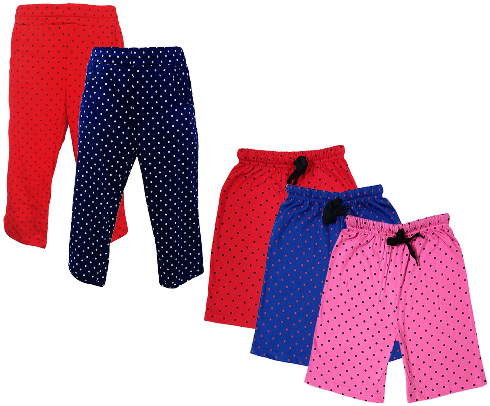 

IndiWeaves Girls Cotton Polka Dots 3 4th Capri and Shorts (Pack of 5) Multi