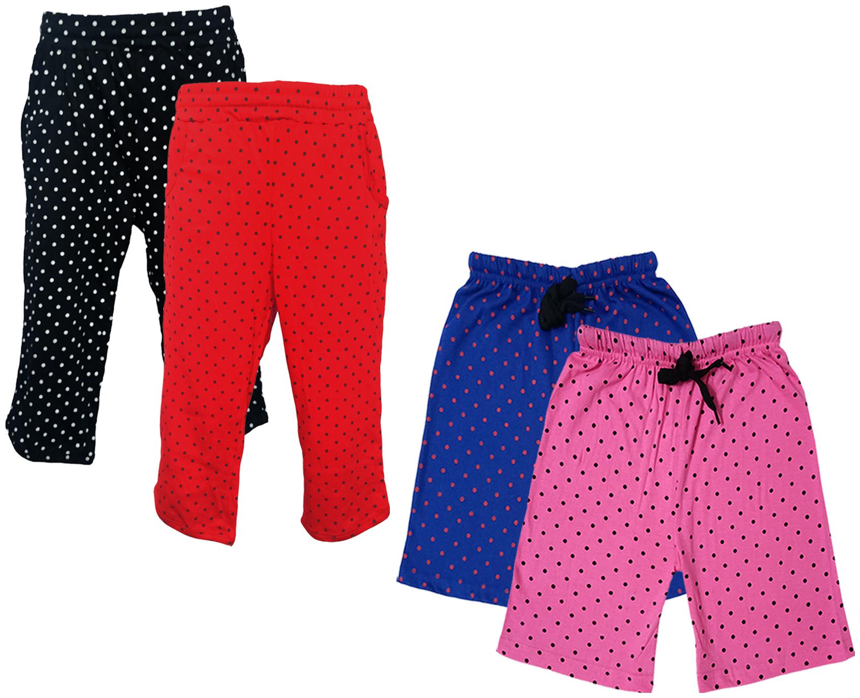 

IndiWeaves Girls Cotton Polka Dots 3 4th Capri and Shorts (Pack of 4) Multi