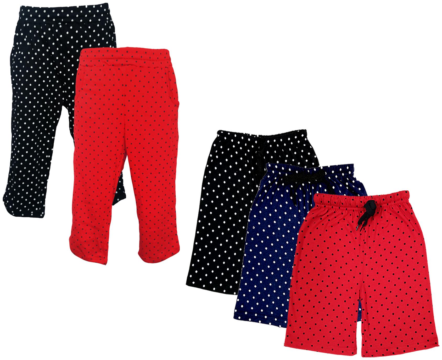 

IndiWeaves Girls Cotton Polka Dots 3 4th Capri and Shorts (Pack of 5) Multi