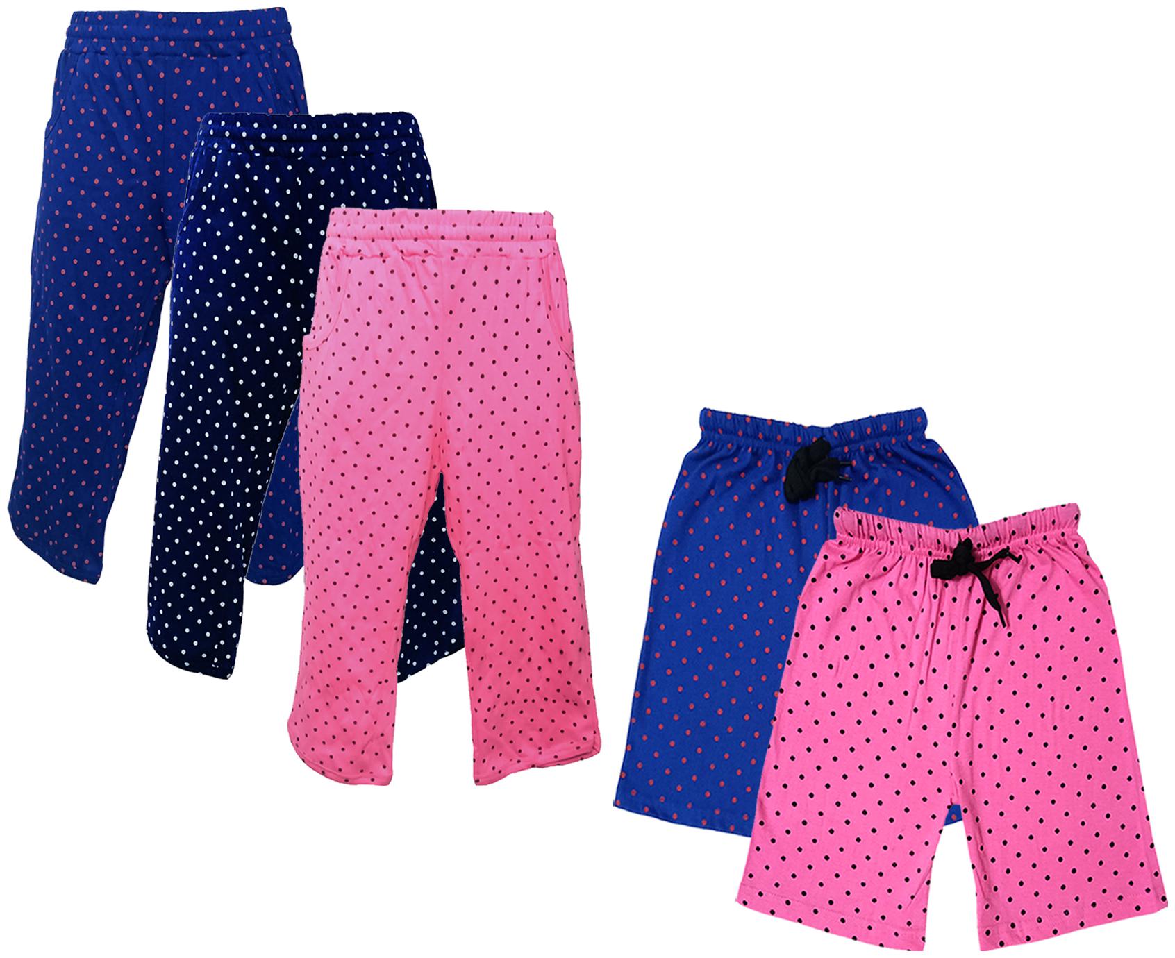 

IndiWeaves Girls Cotton Polka Dots 3 4th Capri and Shorts (Pack of 5) Multi